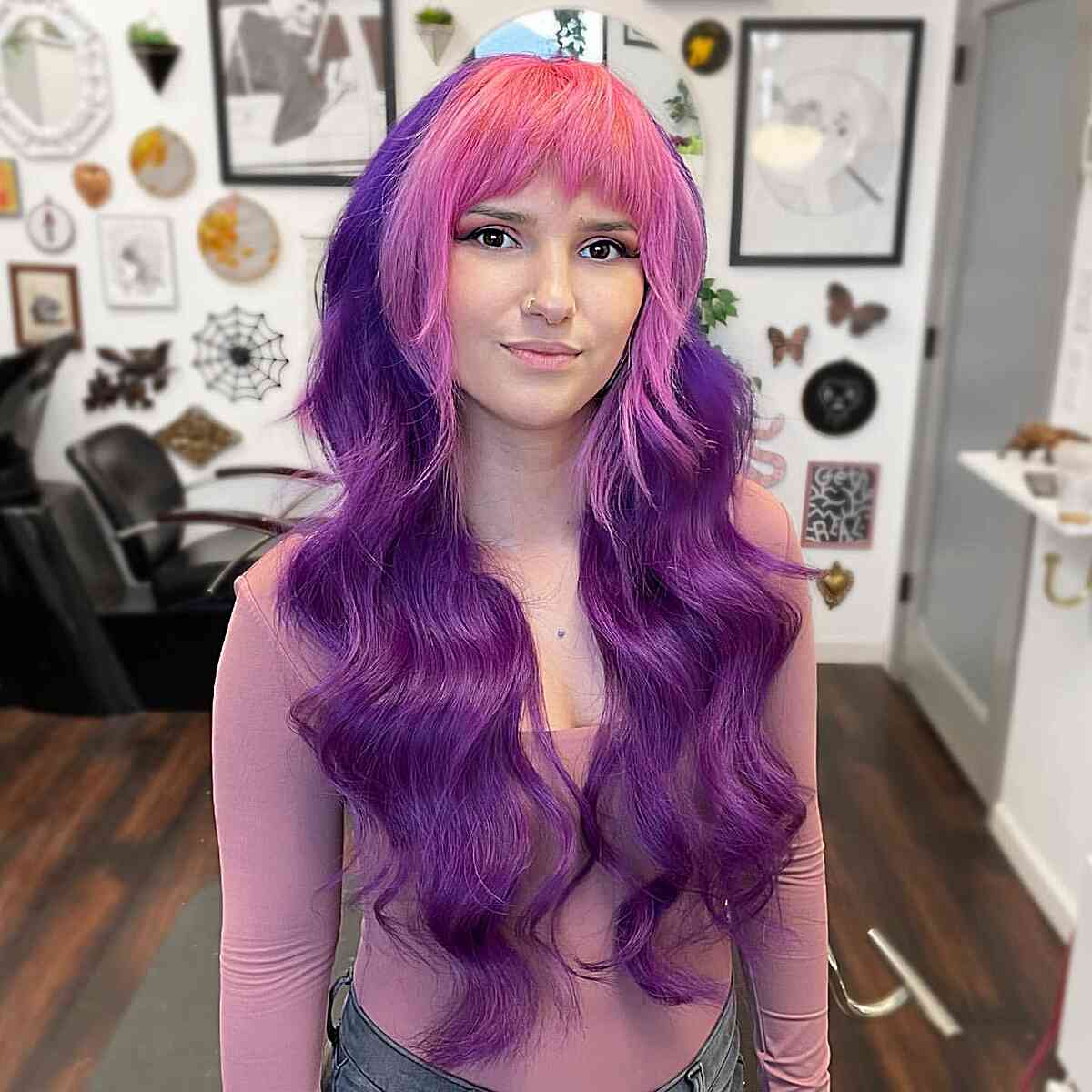 Long Purple Hair with Pink Fringe for women inspired by unicorns