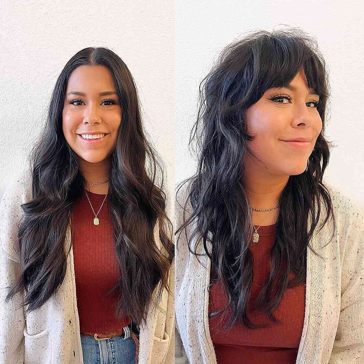 Long Razor Cut Shag with Middle Part Bangs for Thick-Haired Women