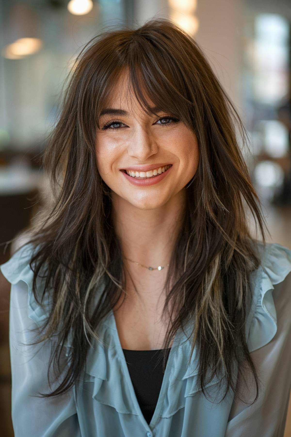 Long shag with face-framing bangs for fine hair