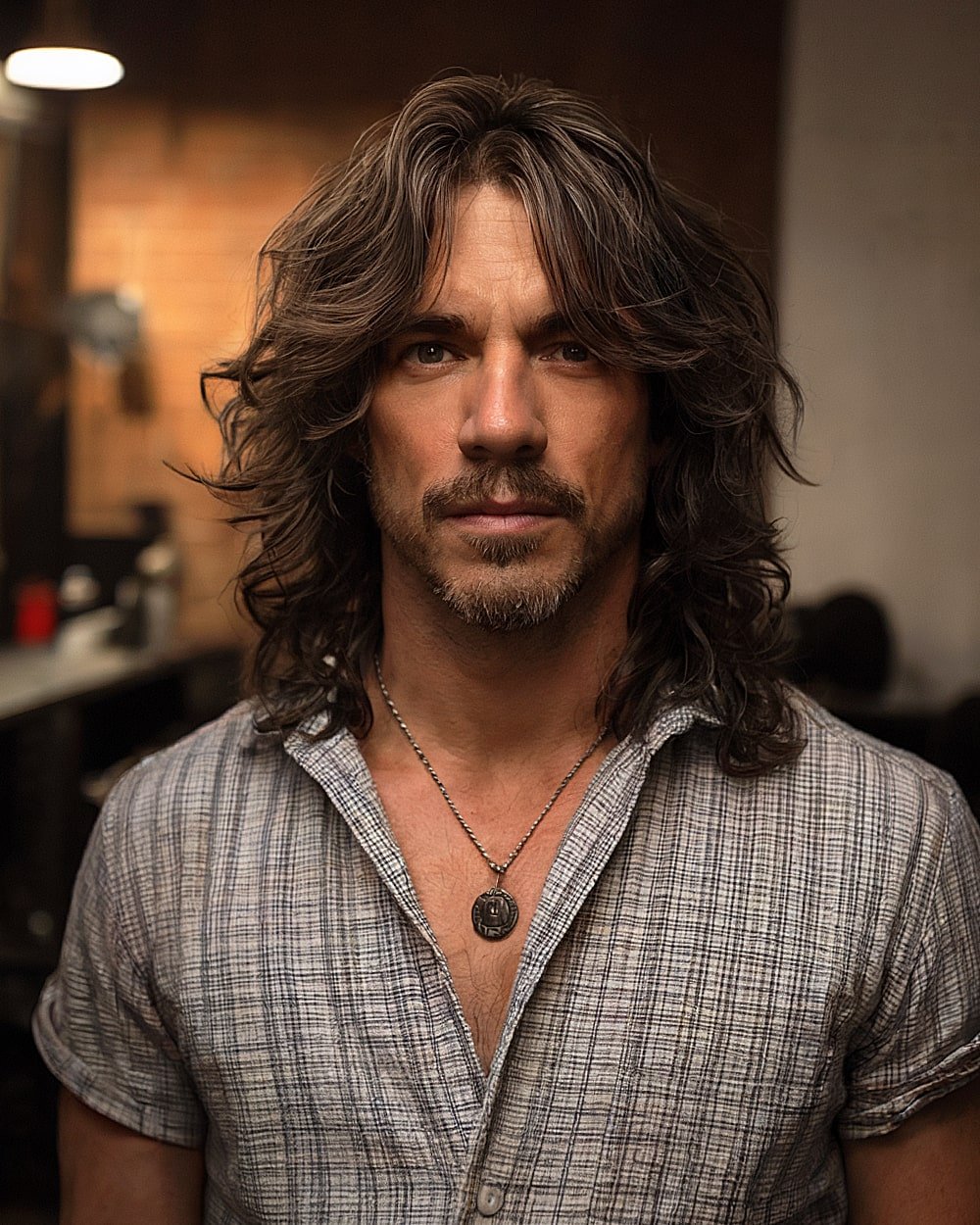 Long shag haircut with curtain bangs and textured layers for men