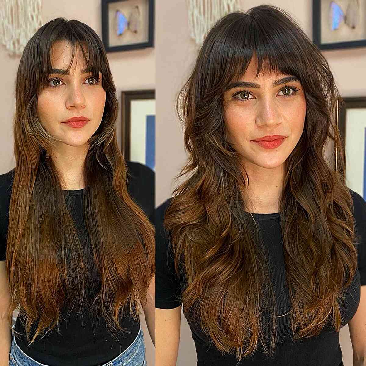 Long Shag with Disconnection and Bangs for girls with dark wavy hair