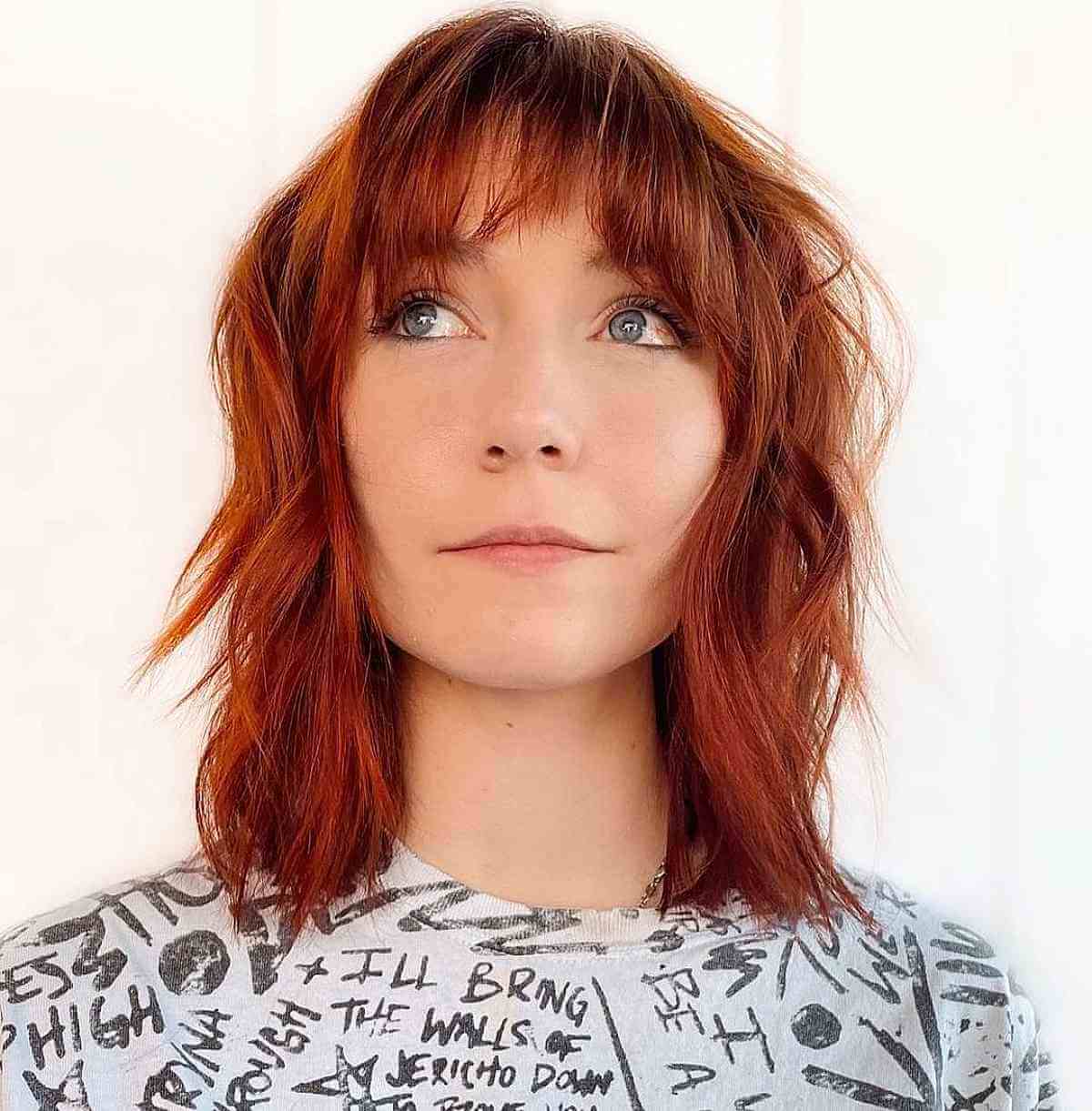Long Shaggy Bob with a Fringe and Messy Waves for Thin Hair