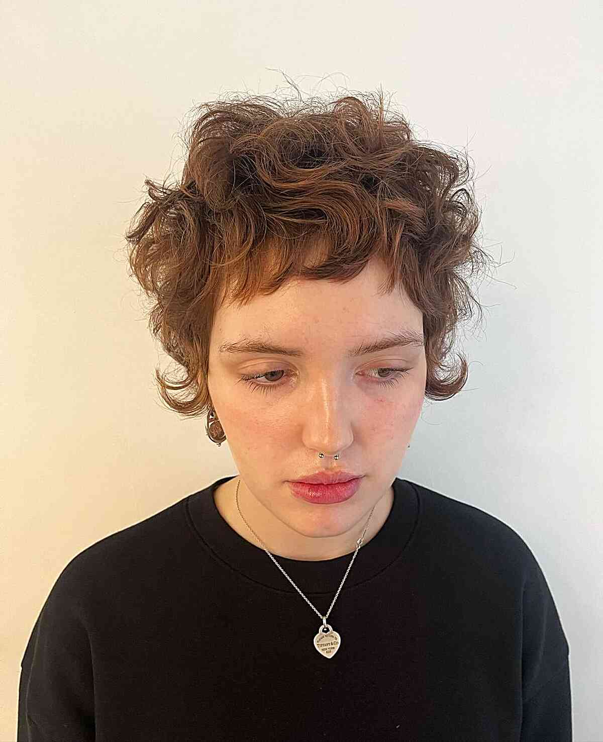 Long Shaggy Curly Crop Pixie Cut with Shorter Bangs
