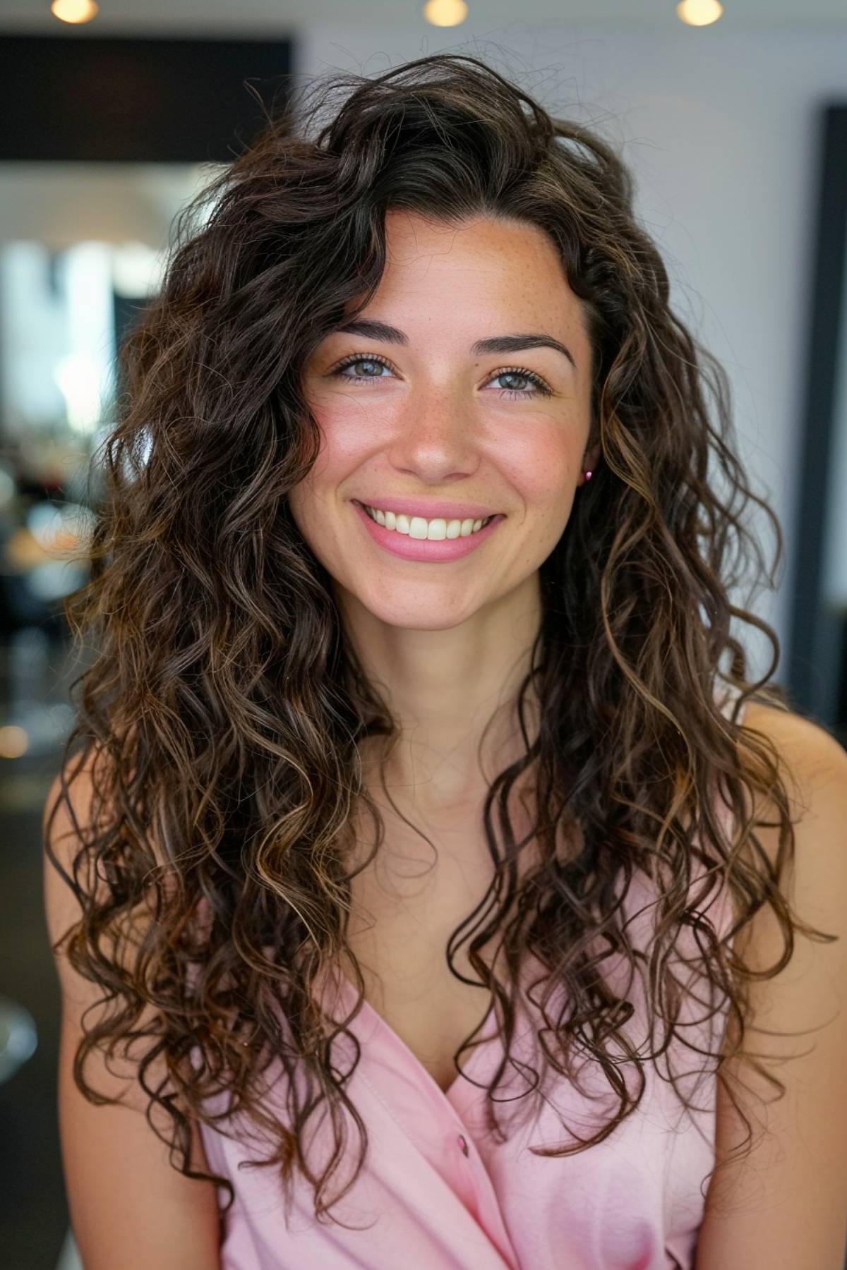 Long shaggy face-framing curly hair