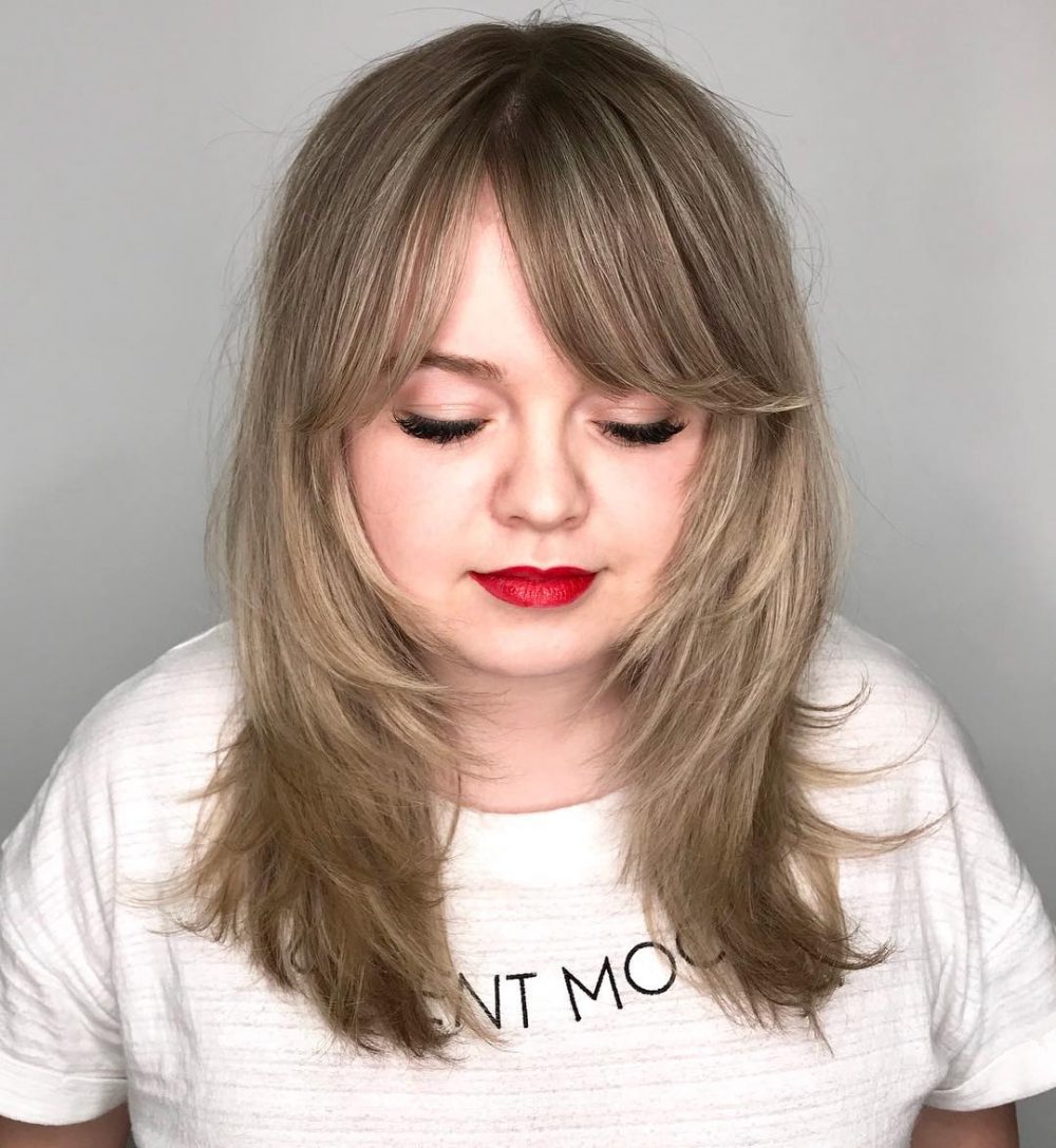 Simple long side bangs for women with round face