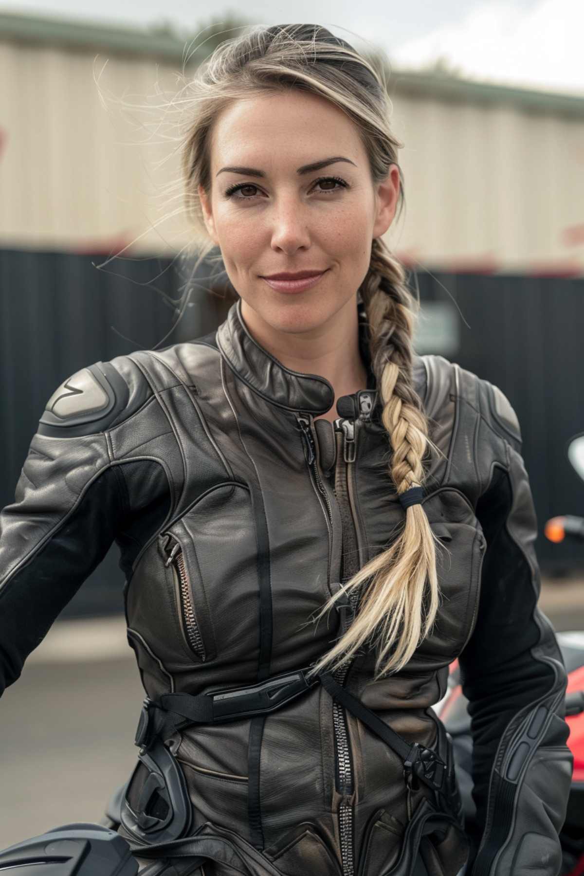 Woman with long braided hairstyle in biker gear