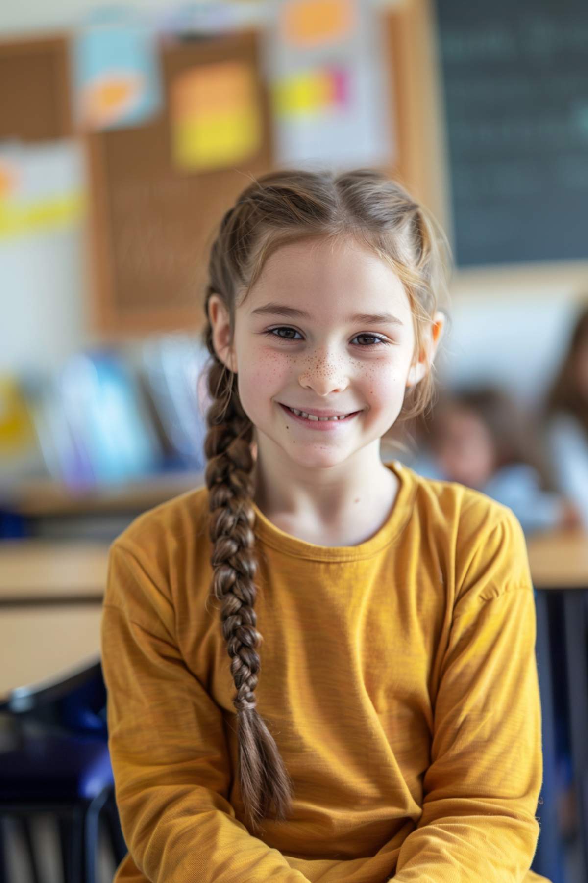 Girl with long side braid and double crown braids