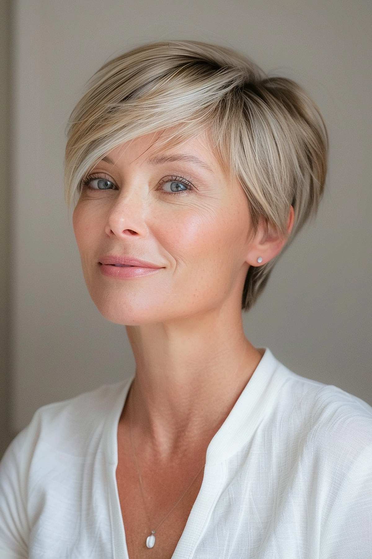 Woman with a side part pixie cut, sleek layers, and elegant style