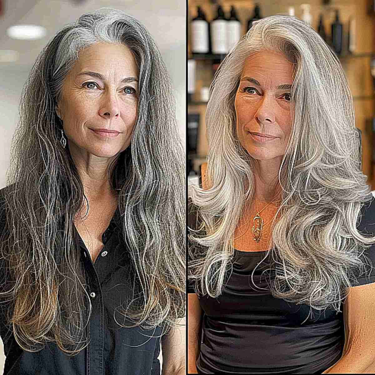 Long Silver Balayage Hairstyle for Ladies in Their 60s