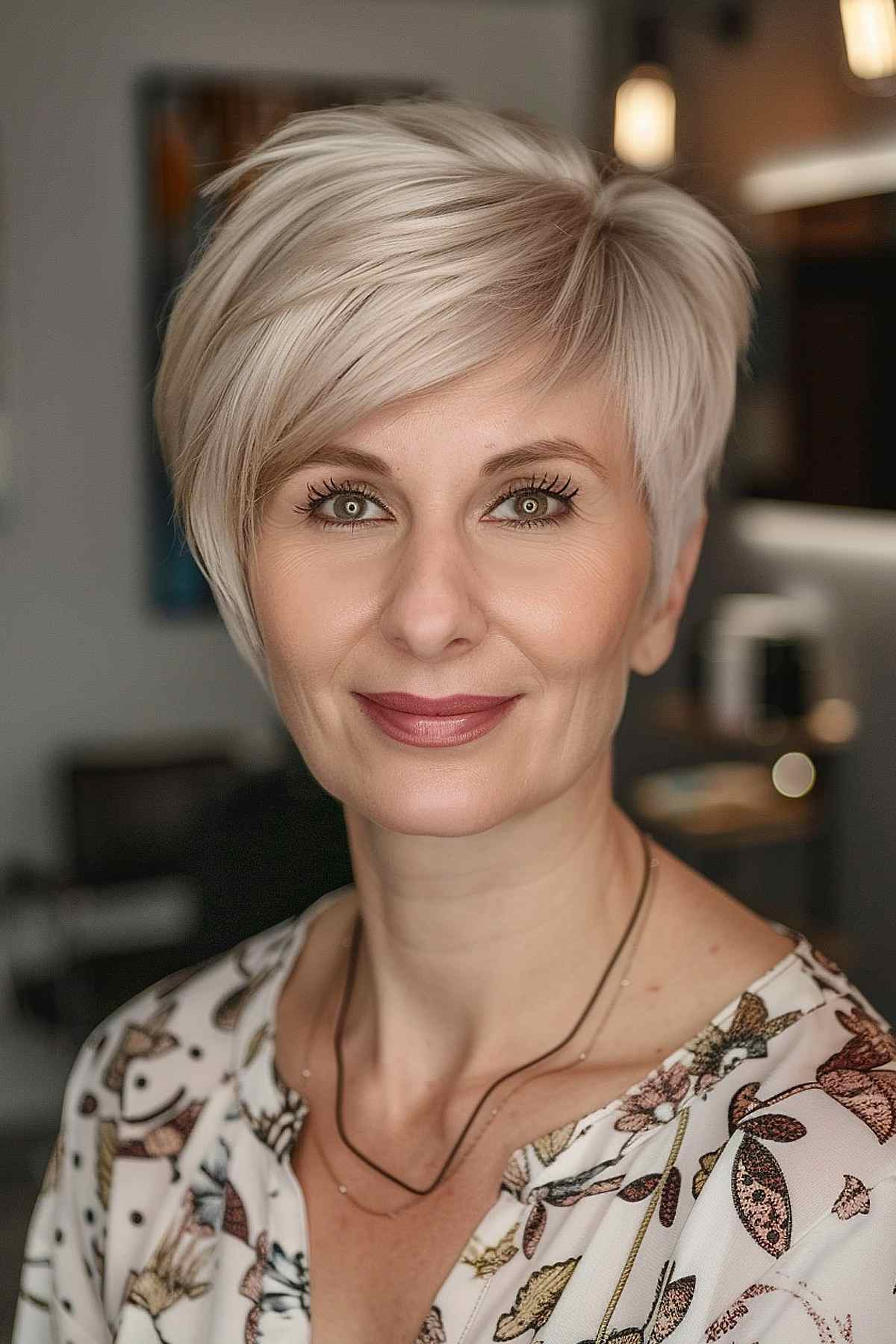 Woman with a sleek and straight pixie cut, smooth layers, and polished look