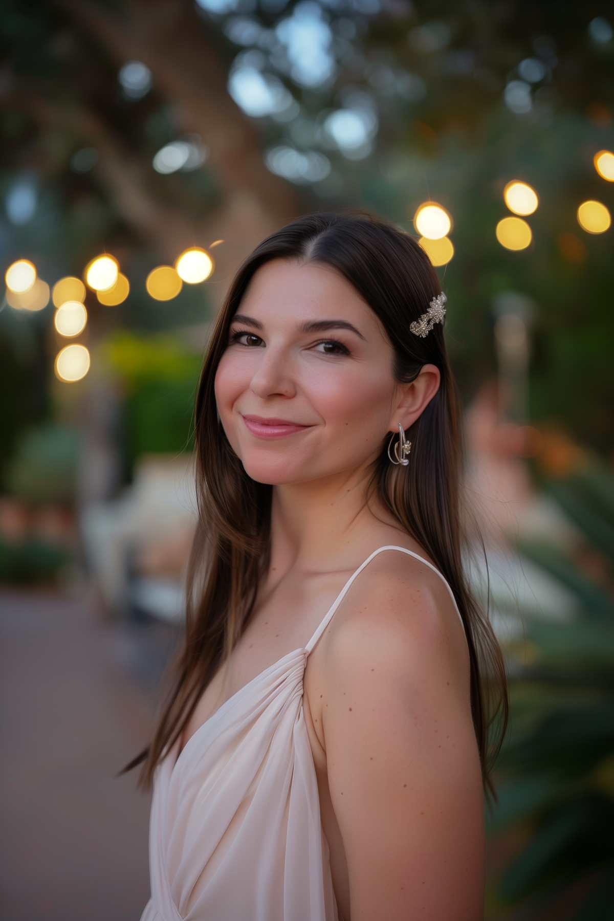 Woman with sleek straight hair and a middle part, suitable for formal settings