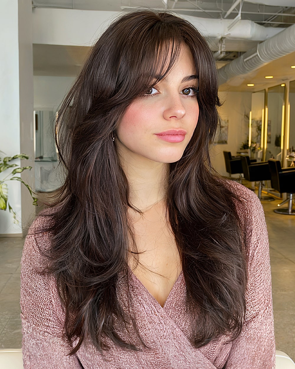 Long brunette hairstyle with curtain bangs and soft layers for medium-density hair