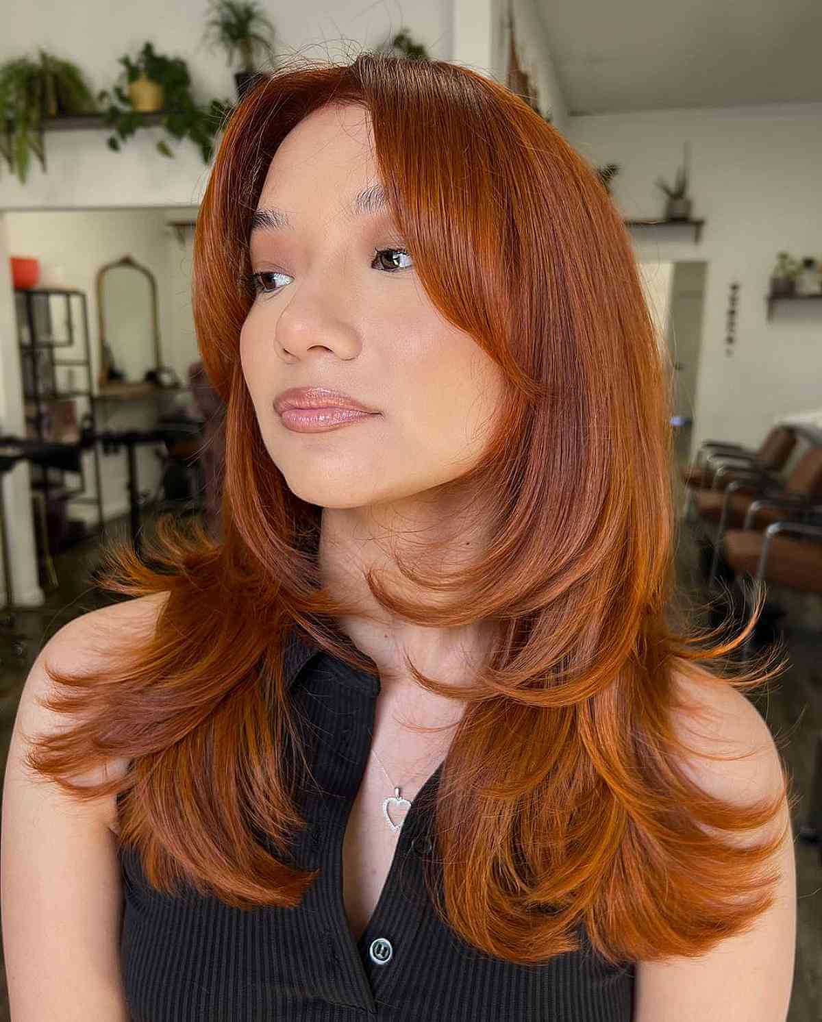 Long Spiced Amber Straight Hair with Wispy Layers