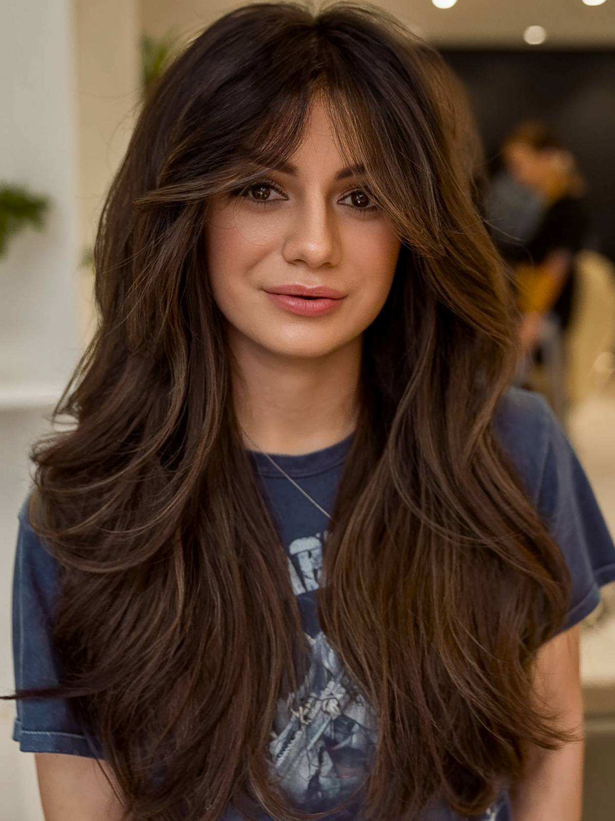 Long straight brunette hair with curtain bangs hairstyle