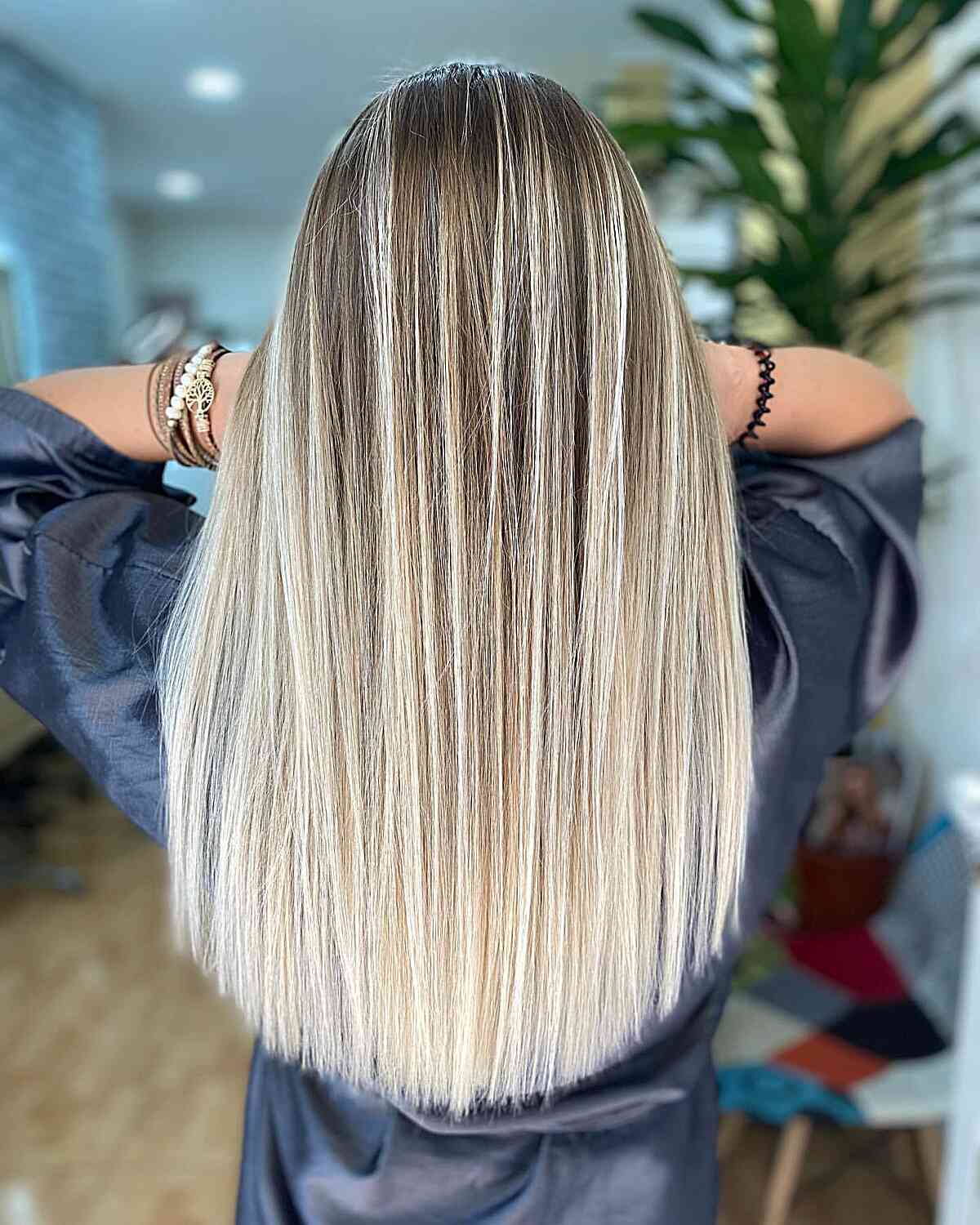 Long, Straight Brunette to Pearl Blonde Balayage Ombre Hair