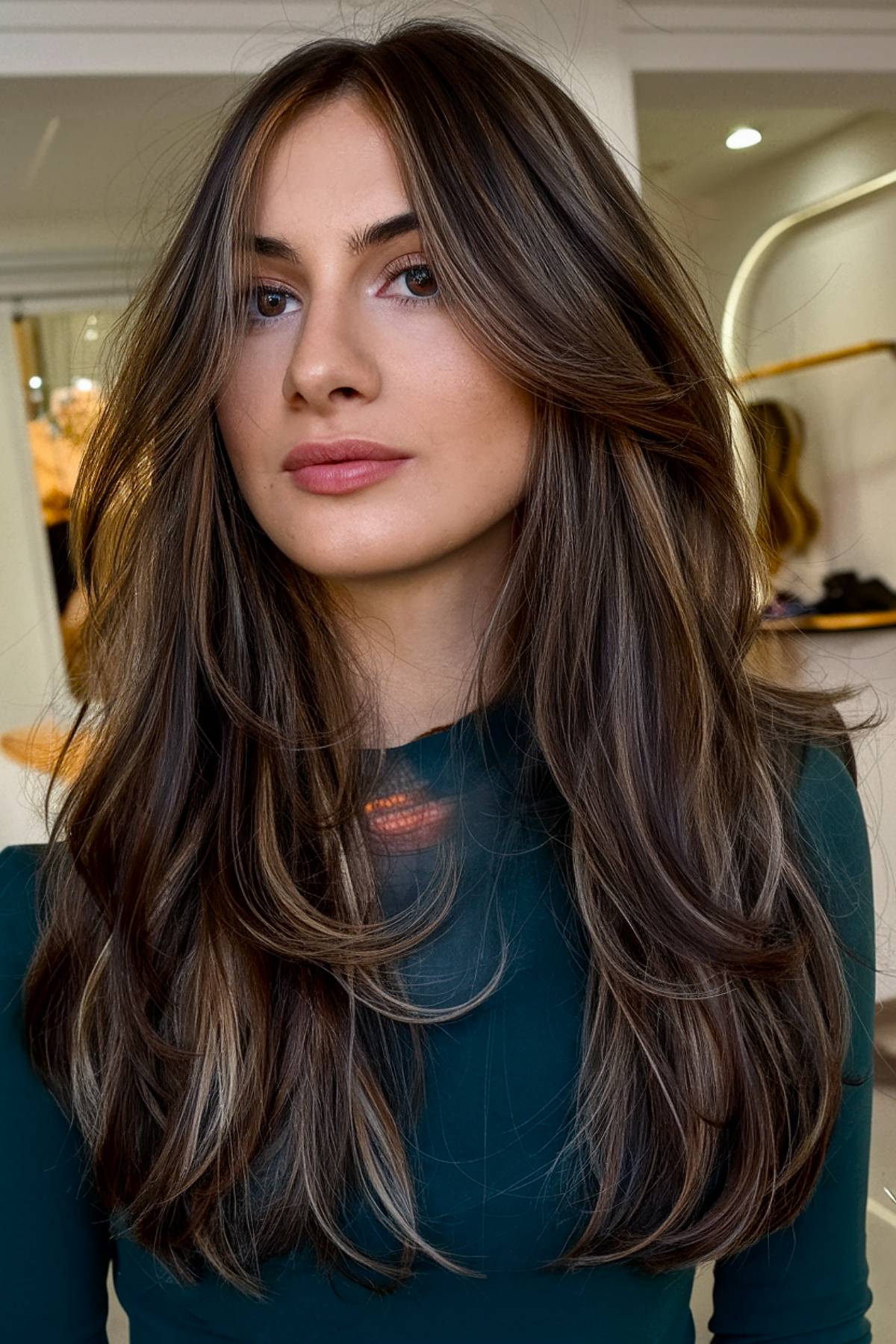 Long straight hair with curtain bangs hairstyle