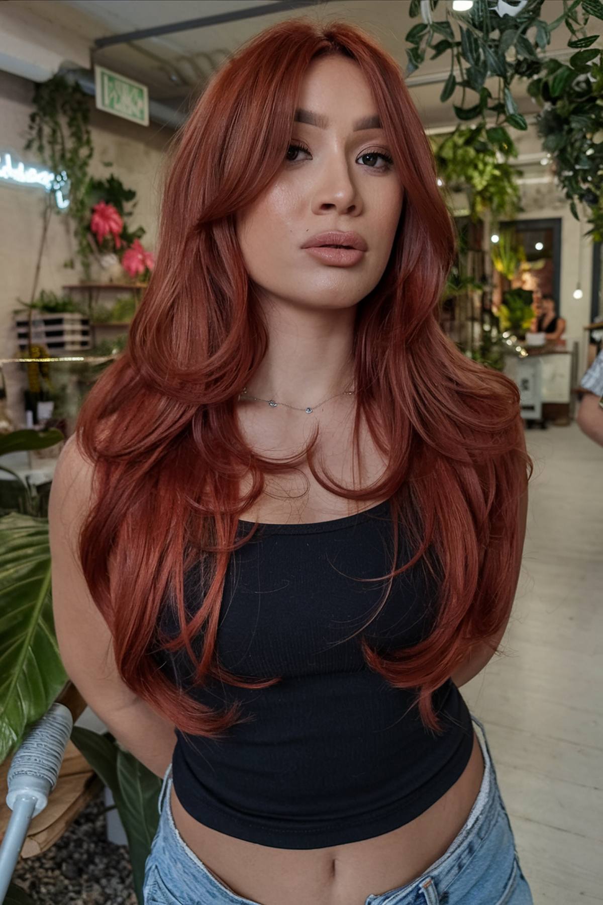 Long straight red hair with curtain bangs