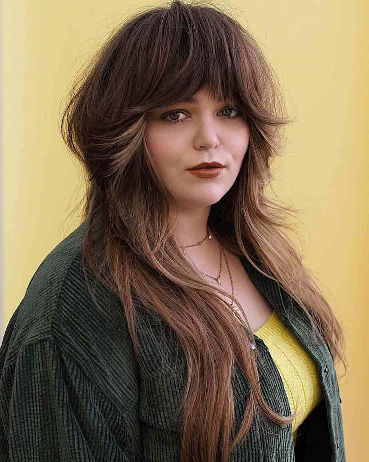 Long Straight Shag with Bangs for Round Faces with Thick Hair