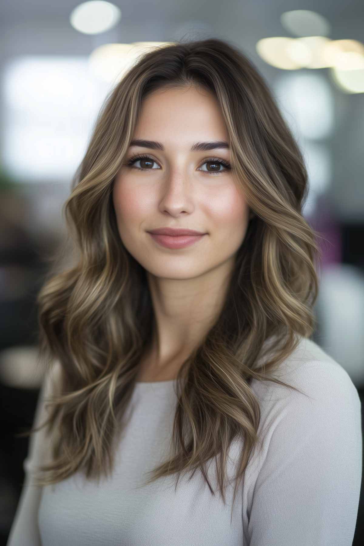 Long hair with textured layers, soft waves, and subtle balayage highlights for round faces