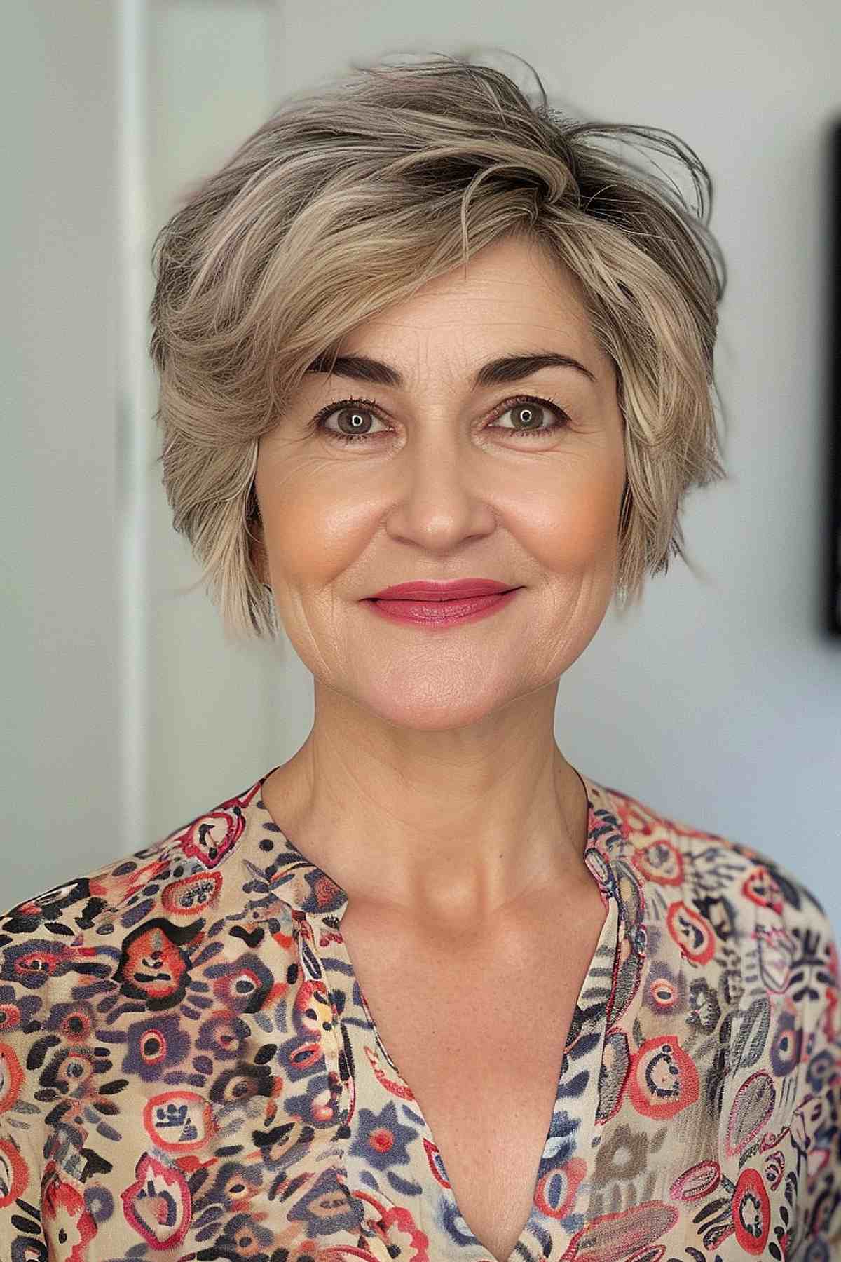 Woman with a textured long pixie hairstyle, feathered layers, and longer length