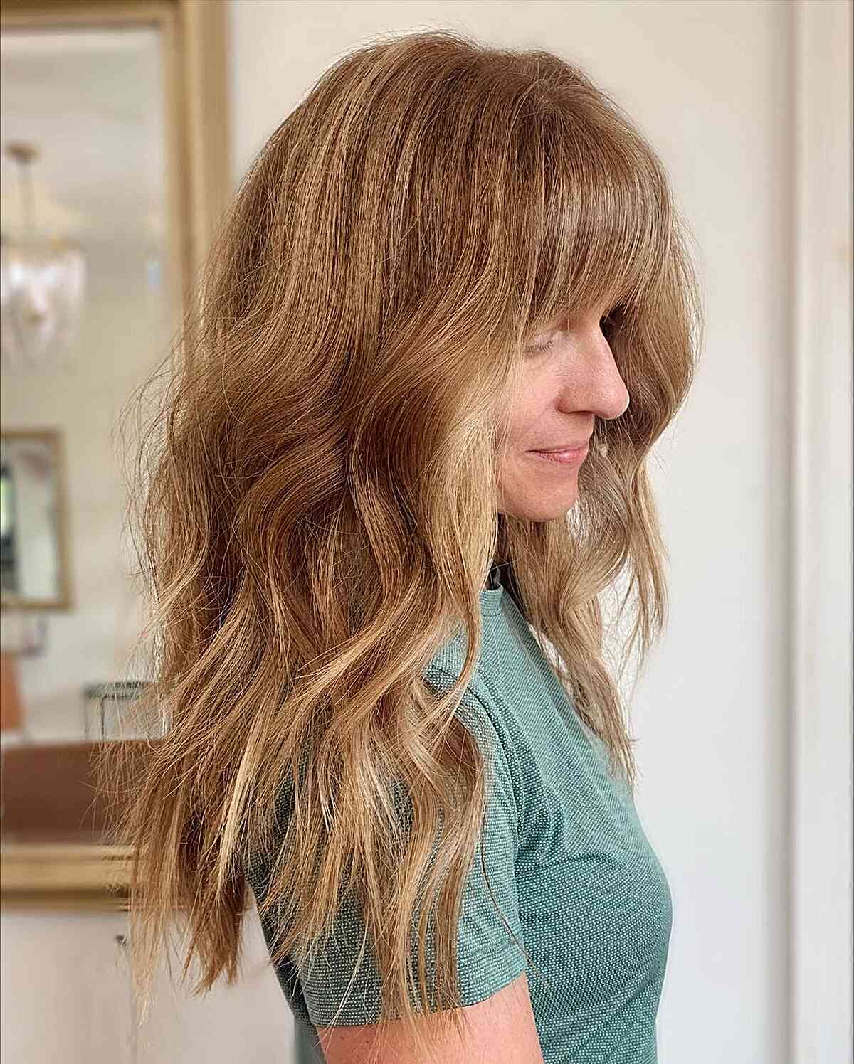 Mid-Long Textured Wavy Layers and Heavy Fringe for Mature Women over Fifty