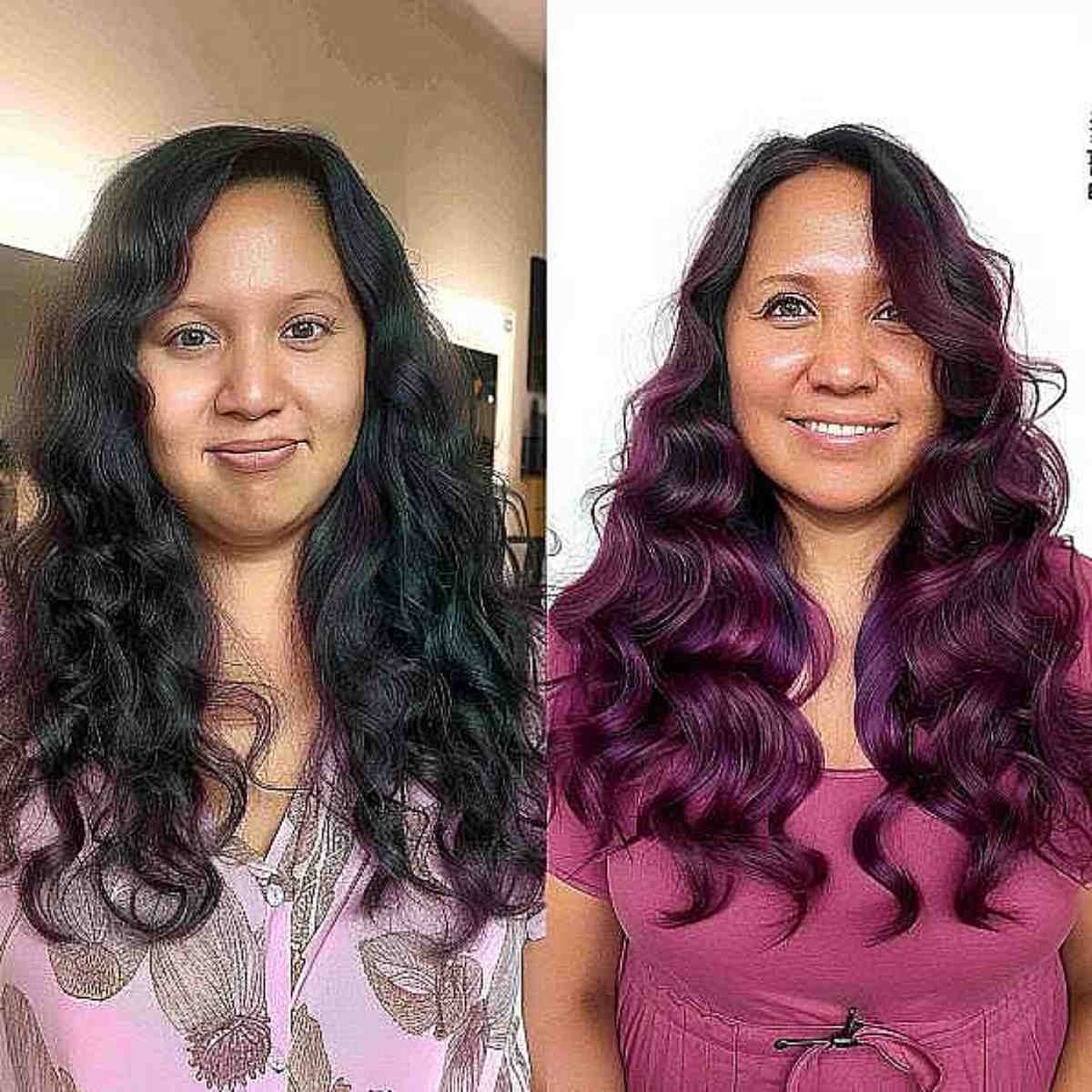 Long, dense waves transformed with dimensional plum violet color, ideal for adding vibrancy to dark hair.