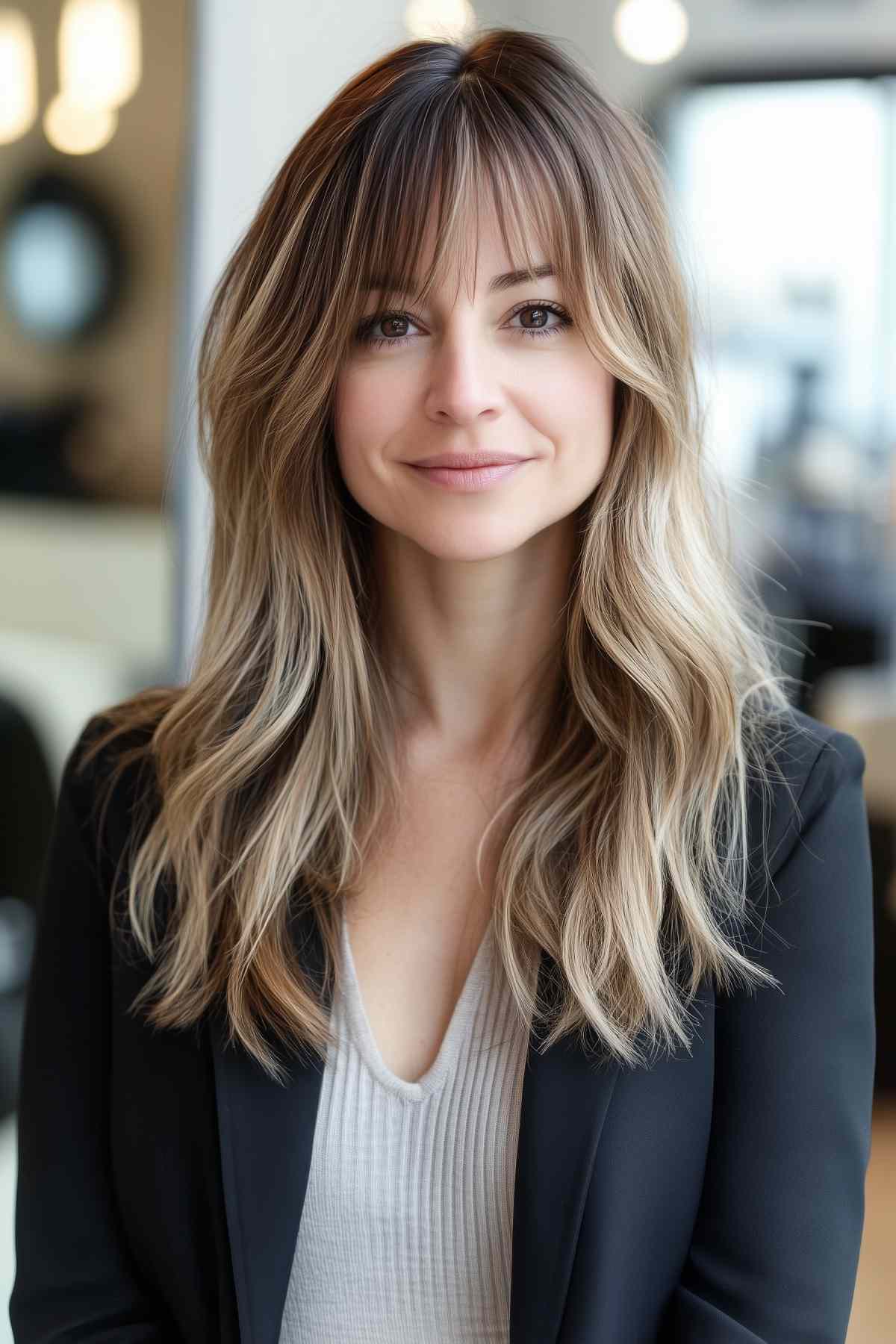 Long thin hair with choppy bangs and layers, subtle balayage, and soft waves