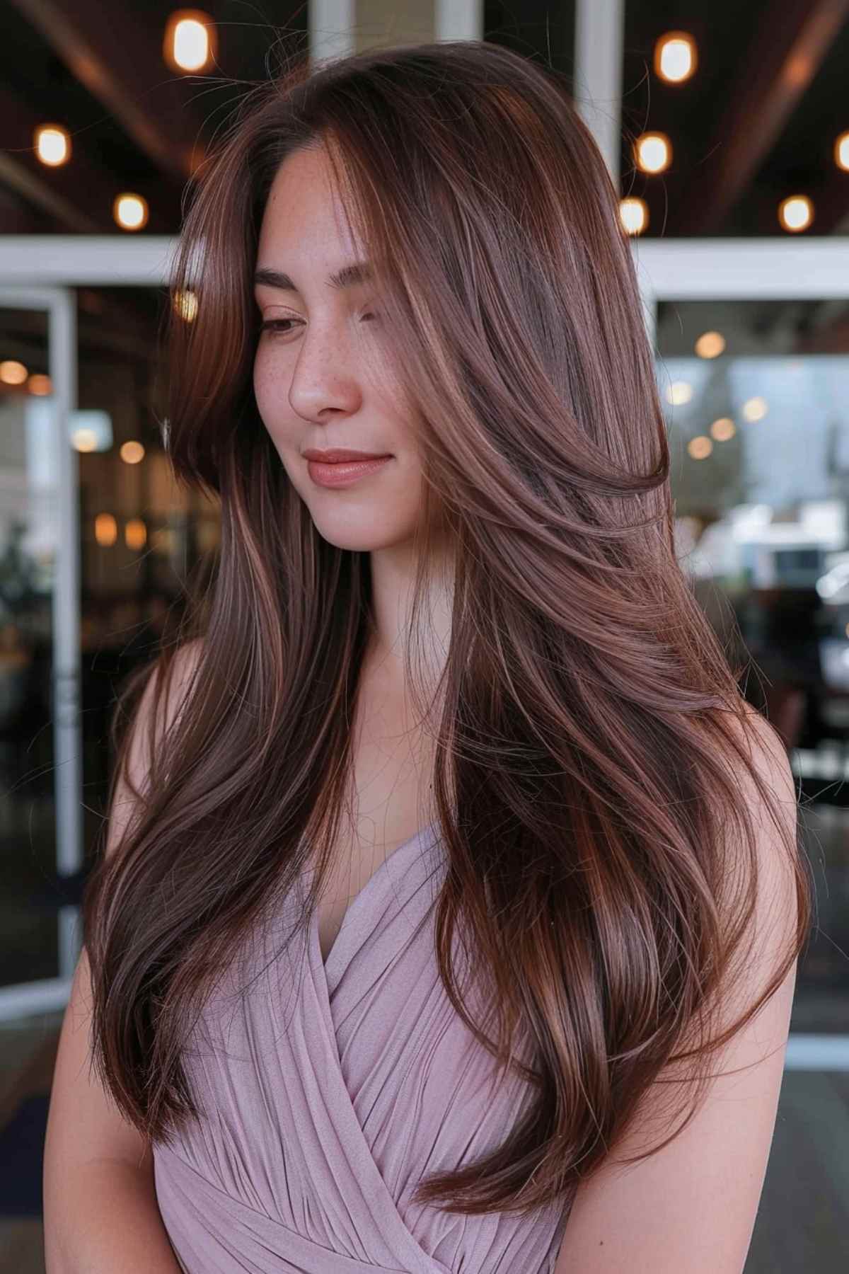 Woman with long thin hair and front layers, ideal for a versatile look