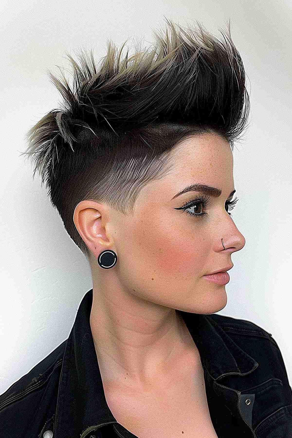 Long-top punk pixie cut with textured crest and shaved sides, offering a dynamic and versatile styling option.