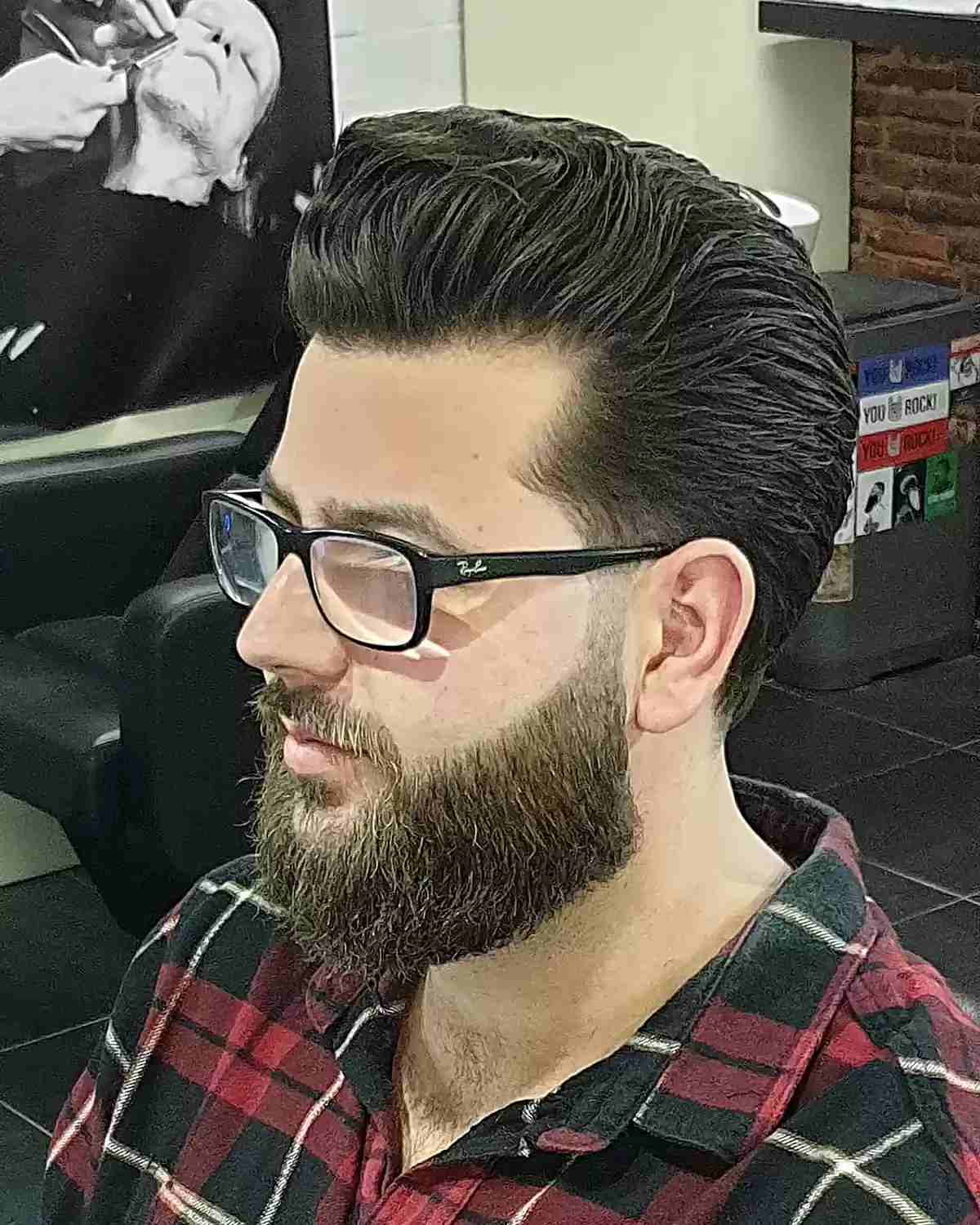 Long Trim Pompadour with Subtle Waves for Guys with Beard