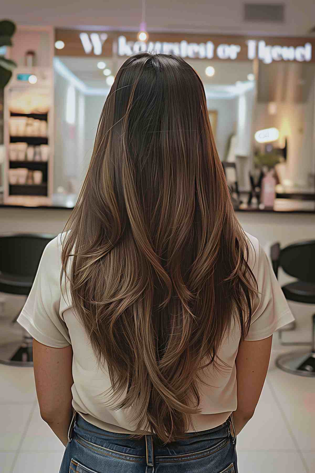 Back view of long V-cut hairstyle with soft layers