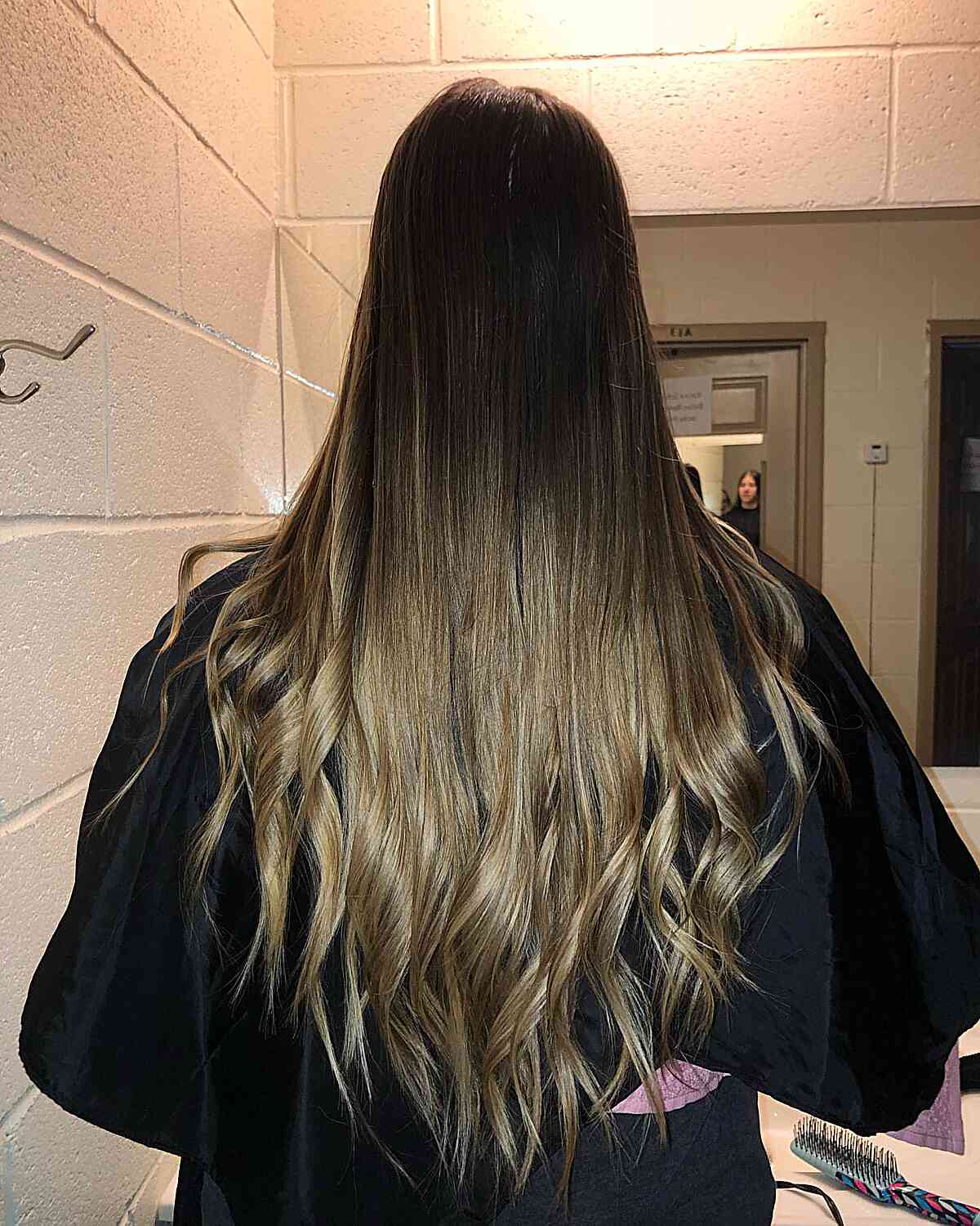 Long V-Shaped Black to Bronde Ombre Hair with Curled Ends