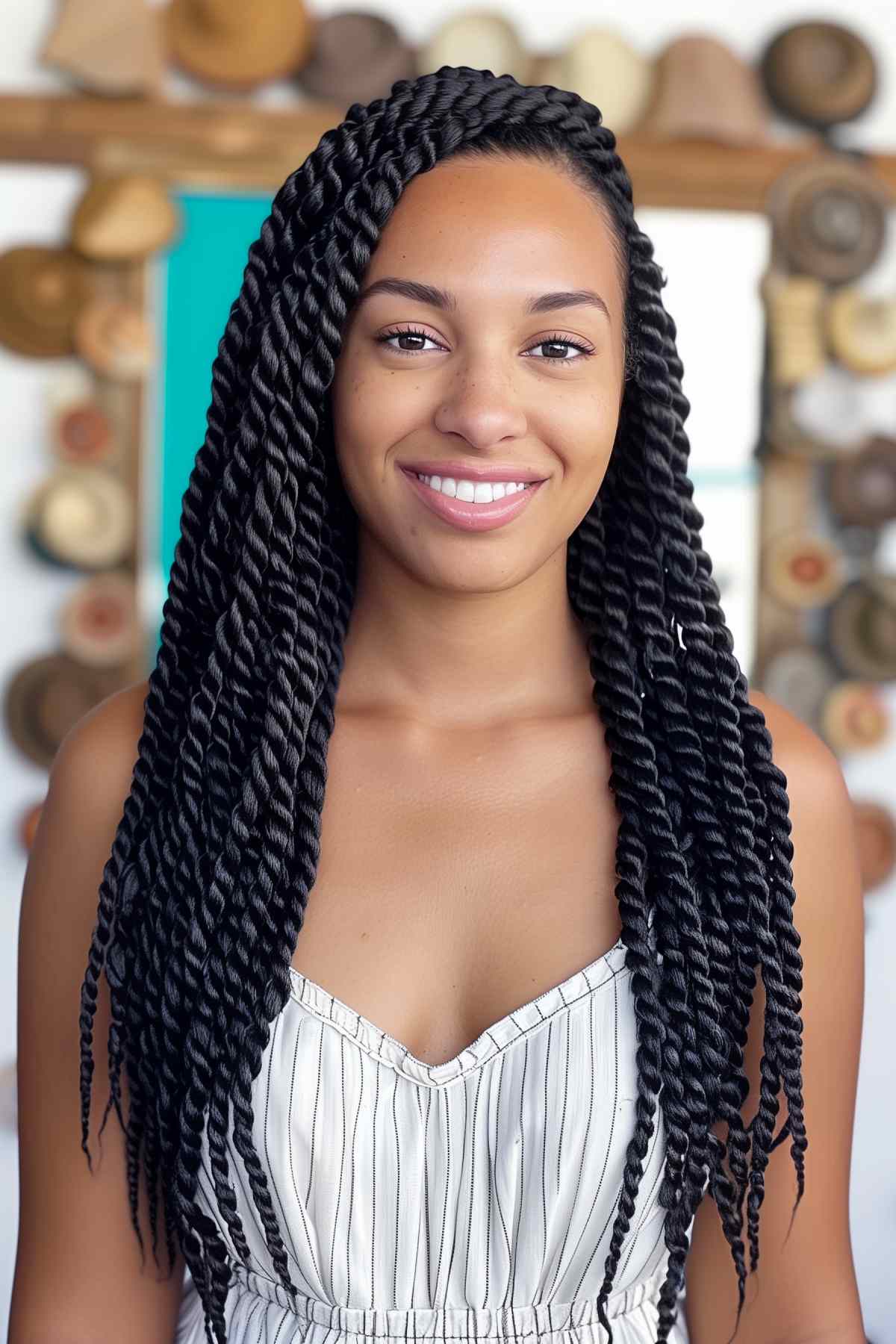 Woman with waist-length thick twists and braids hairstyle