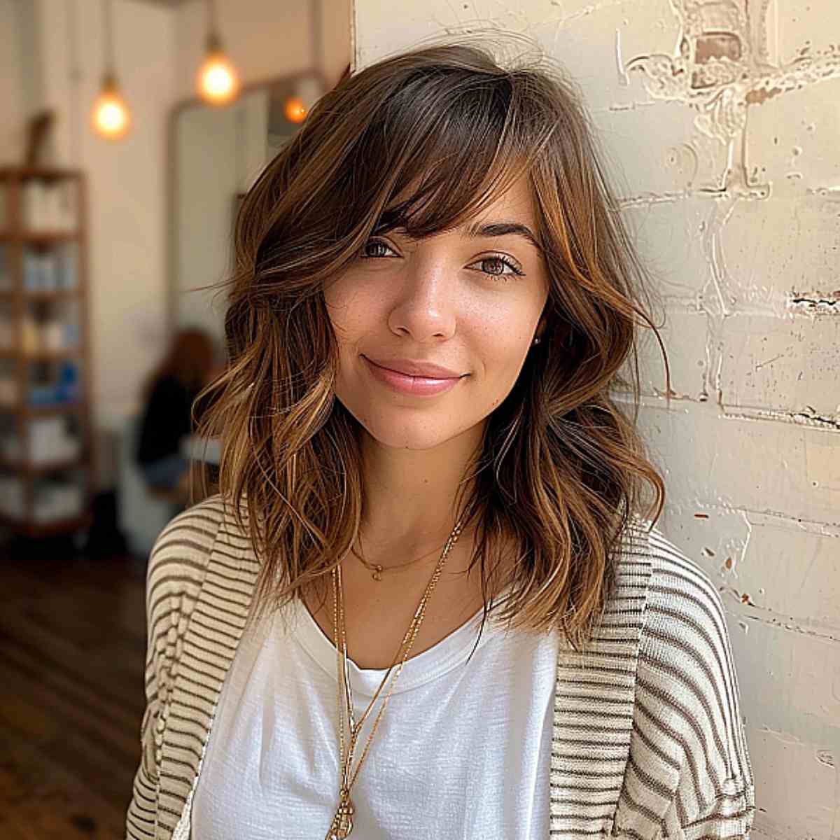 Trendsetting long wavy bob hairstyle with side bangs for round face shapes