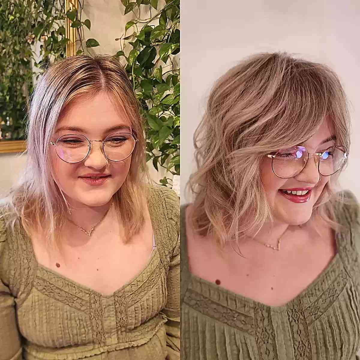 Long Wavy Bob with Face-Framing Bangs on Full Face Shapes with Glasses
