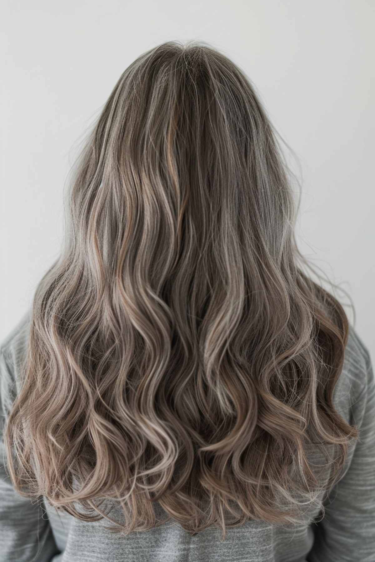 Long wavy brown hair with grey tones