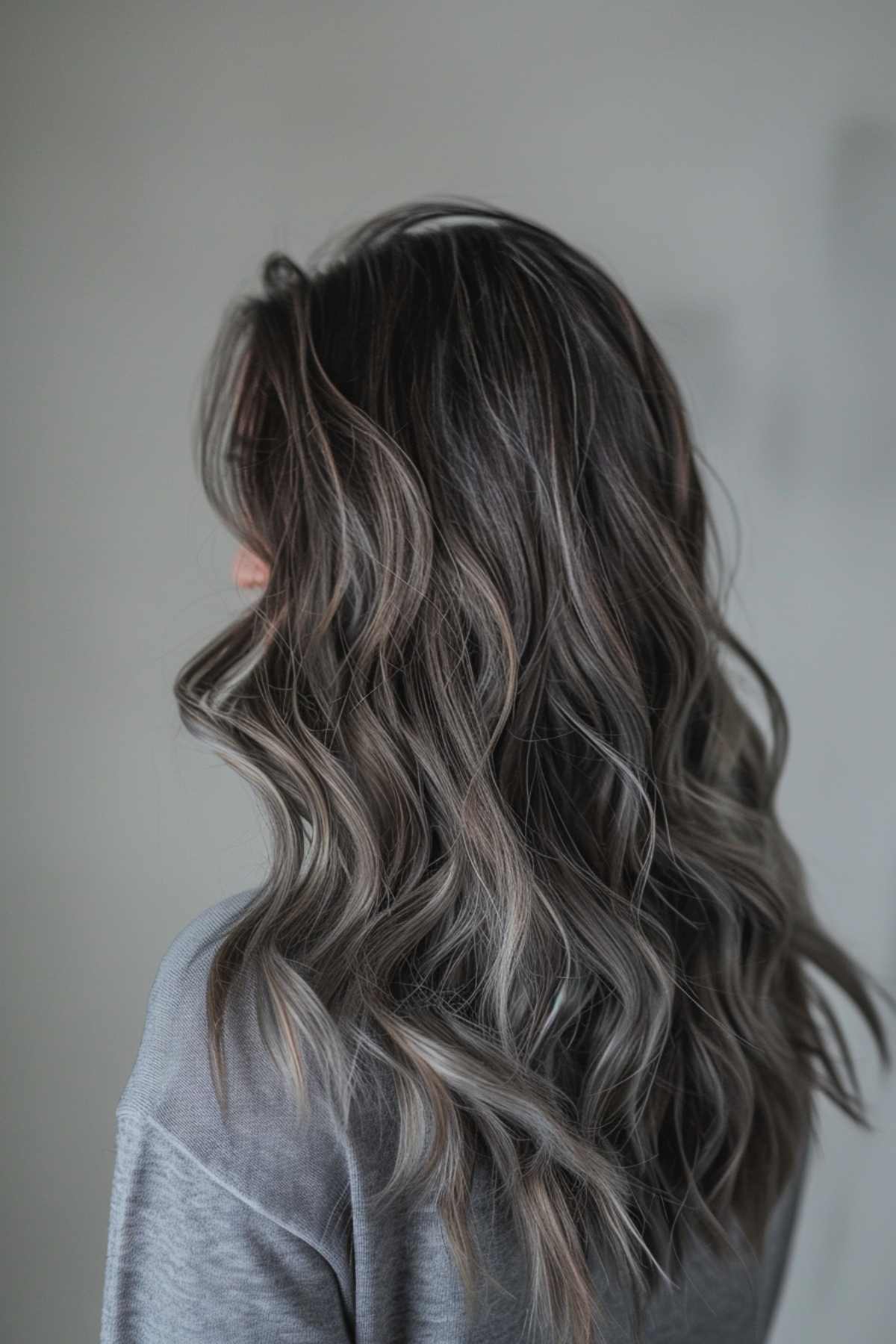 Long wavy brunette hair with ash grey highlights