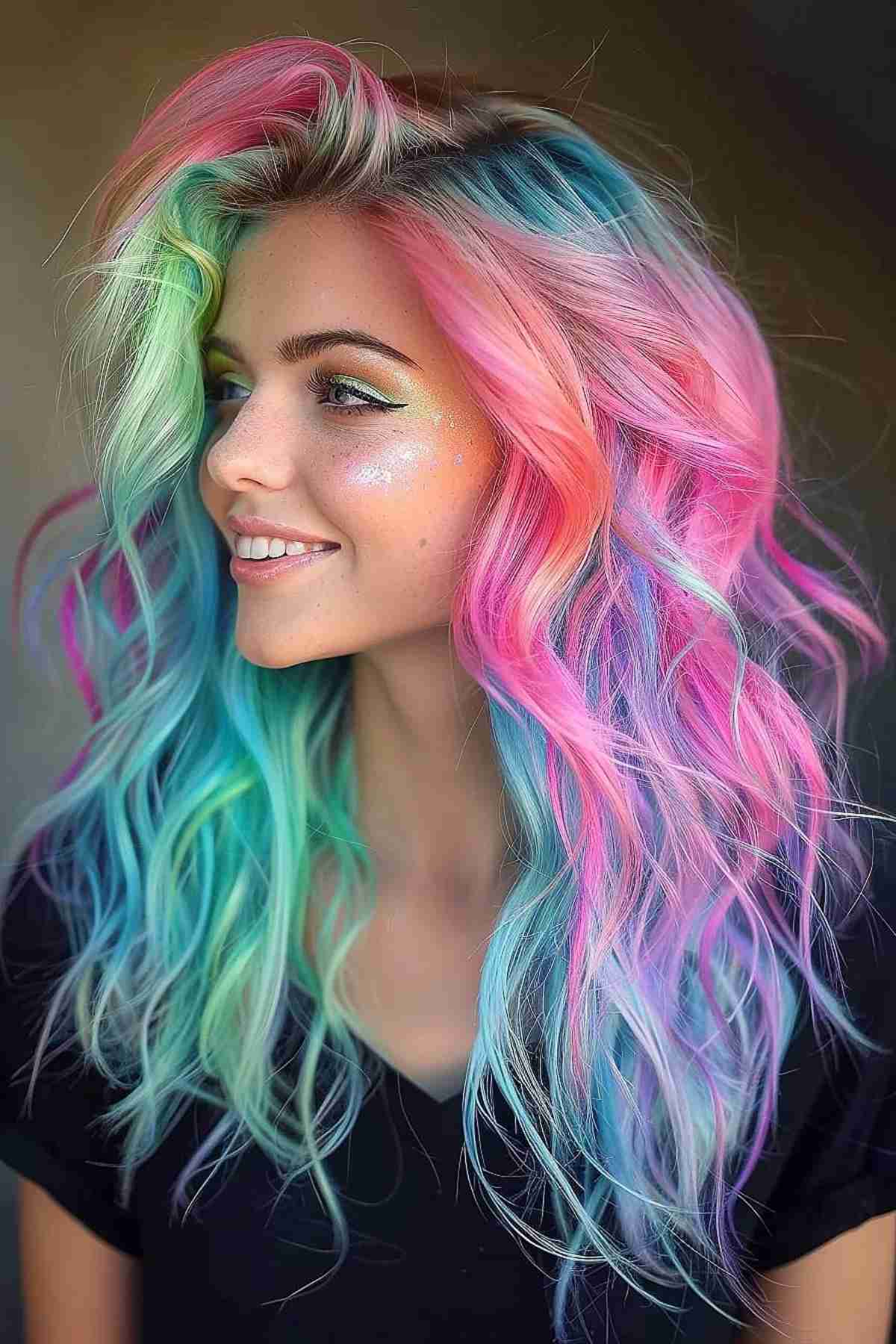 Long wavy hair with vibrant electric rainbow shades of pink, blue, and green.