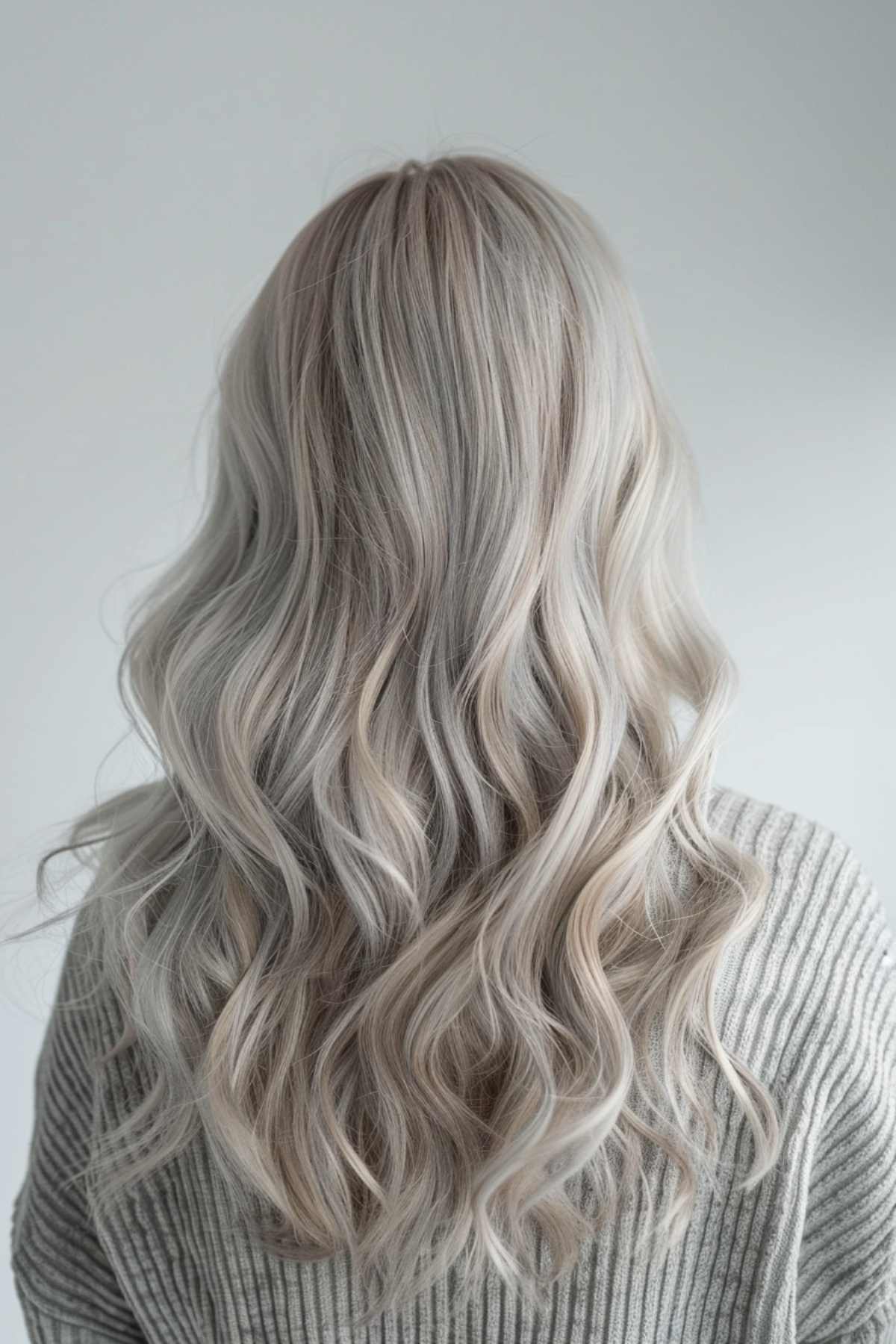 Long wavy grey blonde hair color