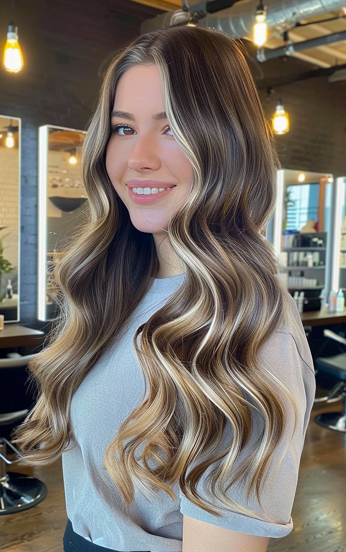 Long wavy hair with voluminous blowout and subtle highlights