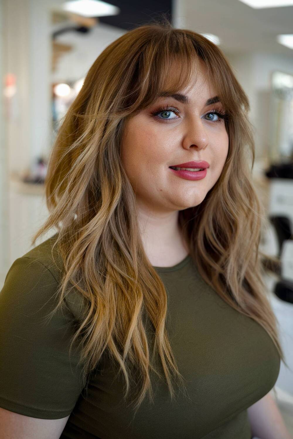 Long wavy hair with feathered bangs, creating soft movement and a flattering shape for round faces