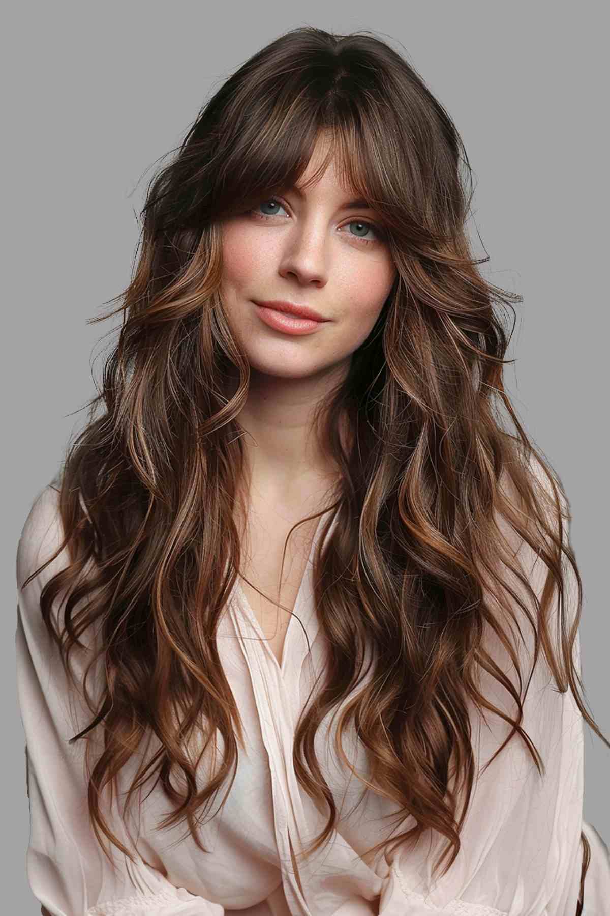 Woman with long, wavy hair, layered with curtain bangs.