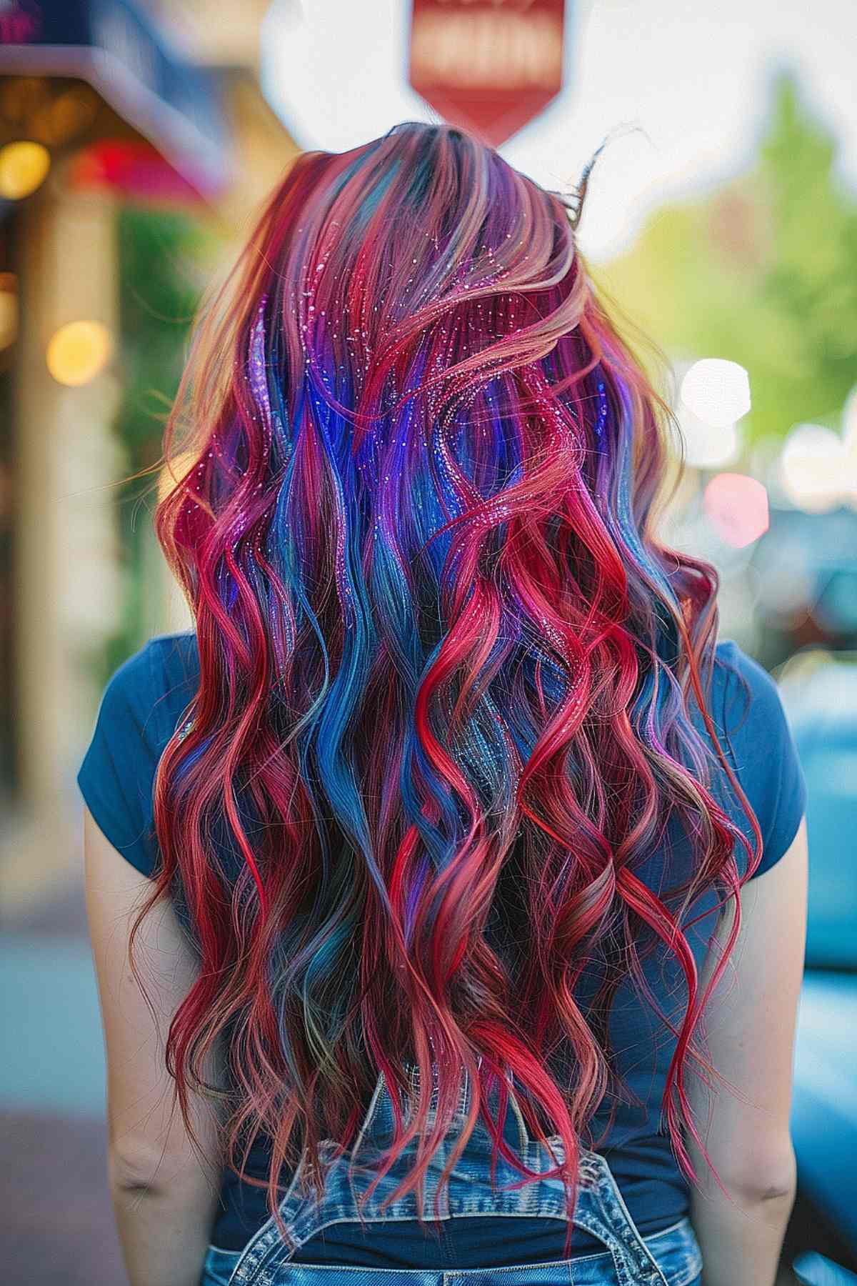 Long, wavy hair with red and blue colors and glitter for 4th of July