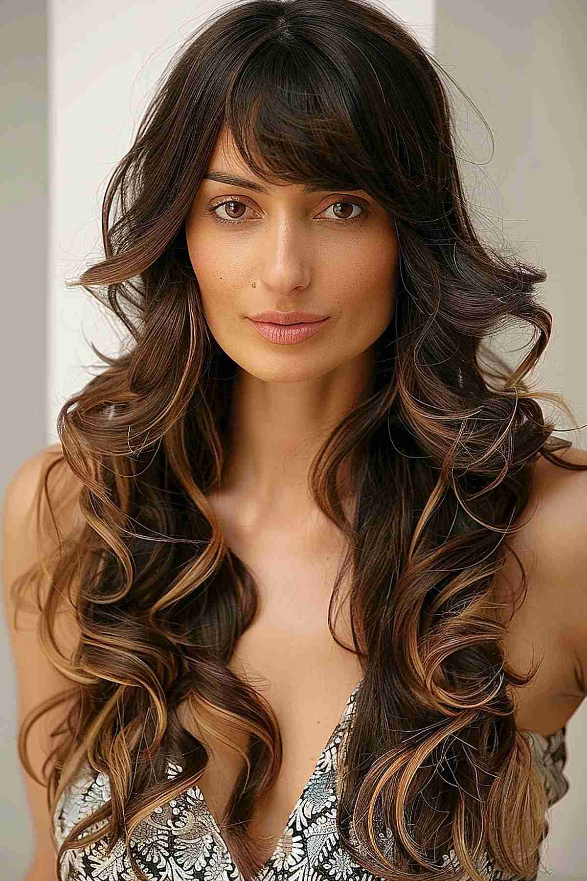 Long wavy hairstyle with voluminous waves and curtain bangs