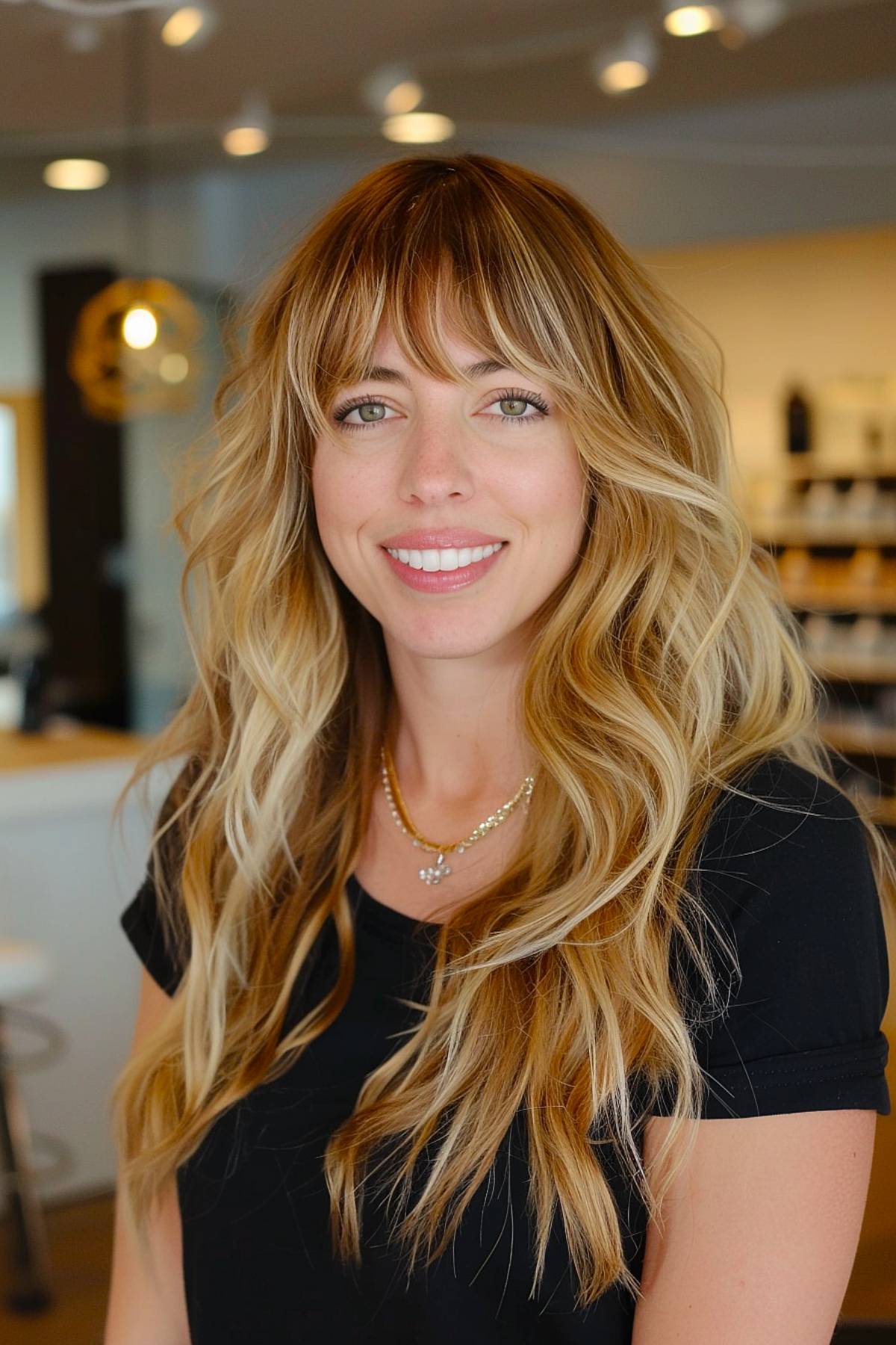 Long wavy hairstyle with wispy bangs