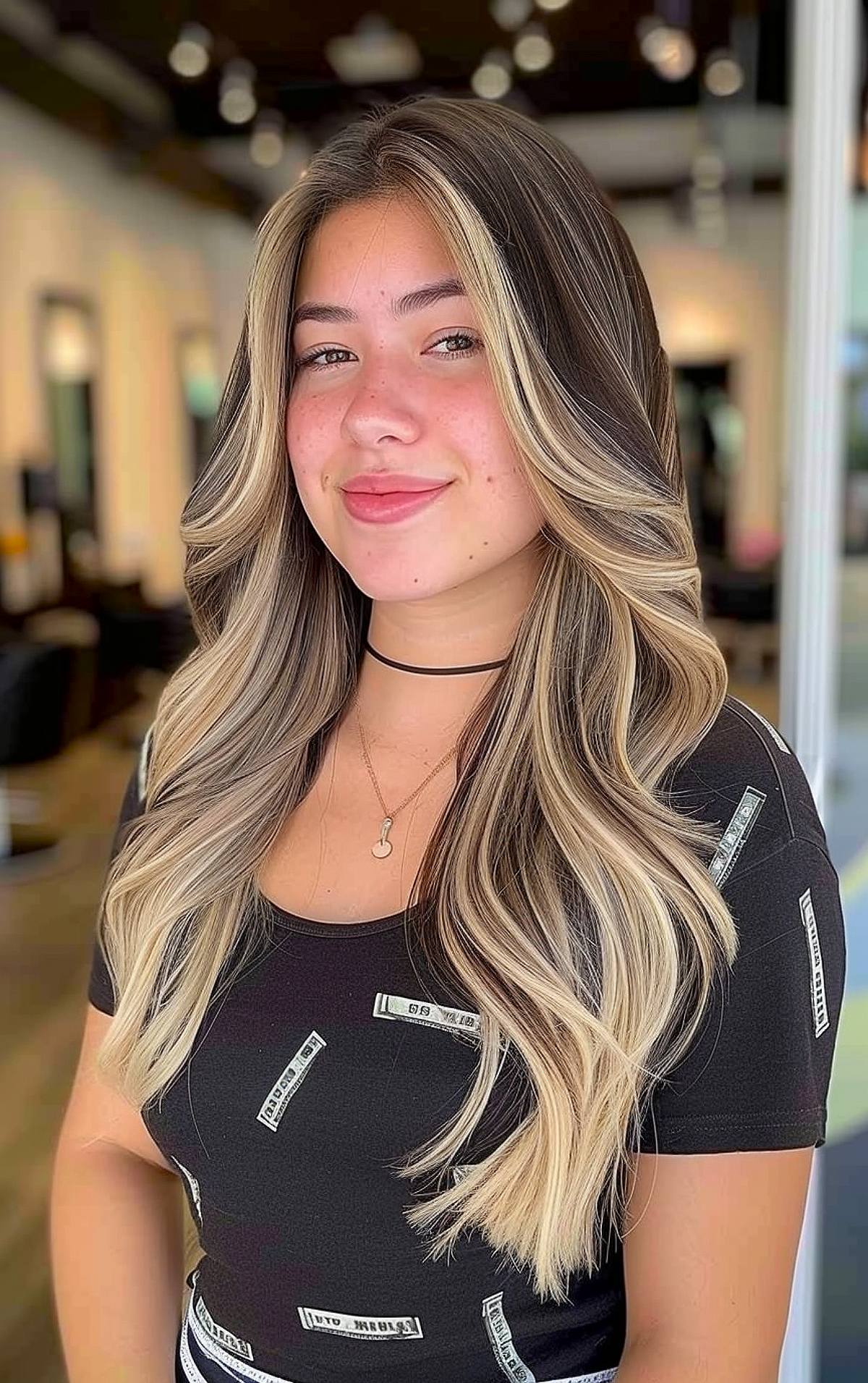 Long wavy layered hair with money piece highlights