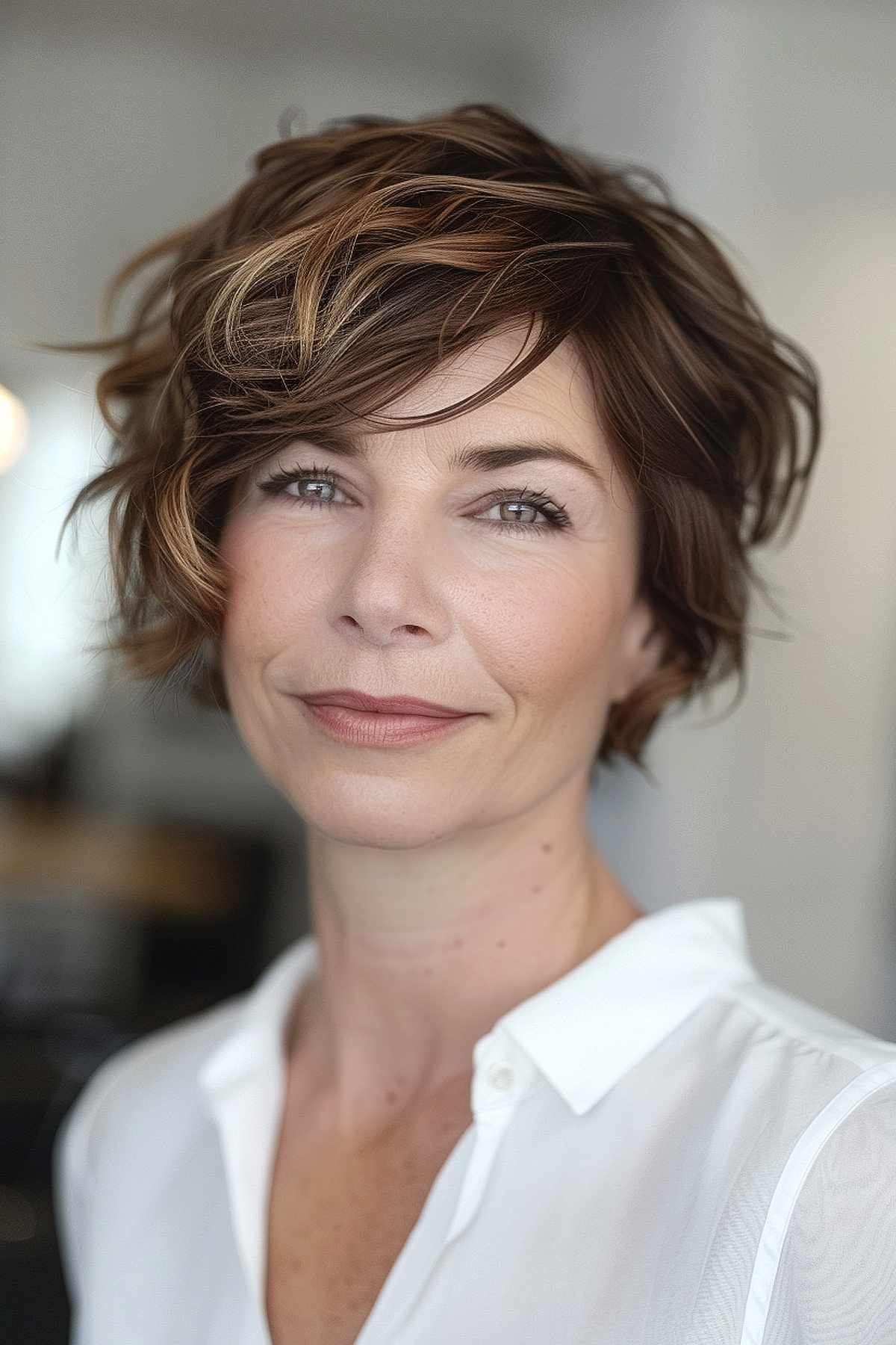 Woman with a wavy pixie cut, natural waves, and layered texture