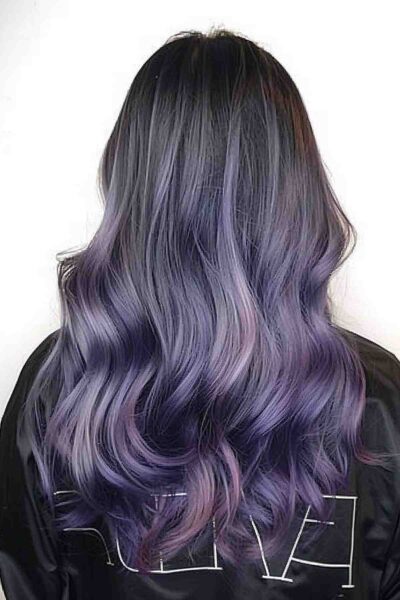 A Long thick hair with wavy purple to grey ombre transition