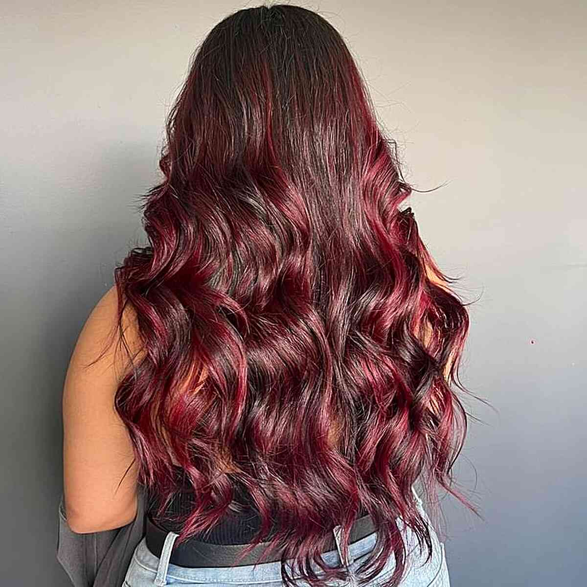 Long Wavy Red Wine Balayage Ombre Highlights on Dark Brown Hair