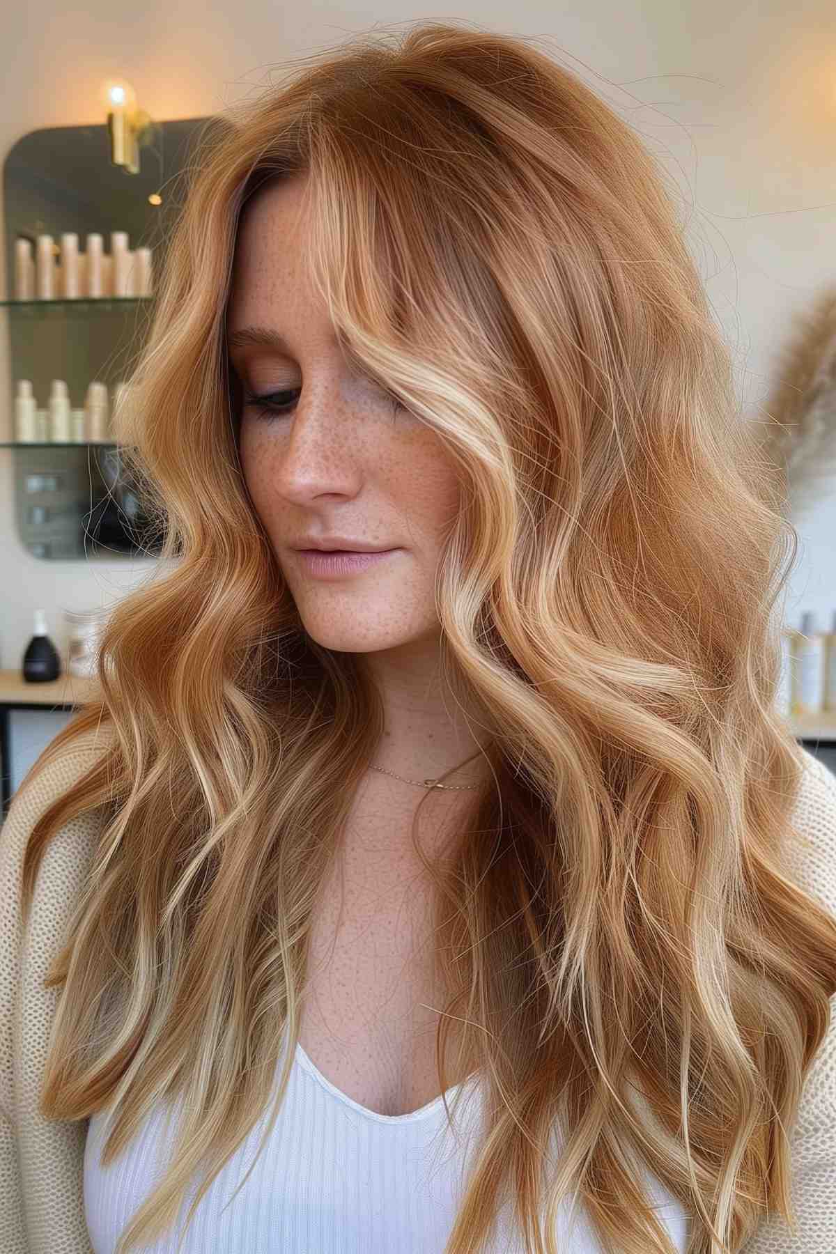 Long wavy hair with strawberry blonde balayage highlights